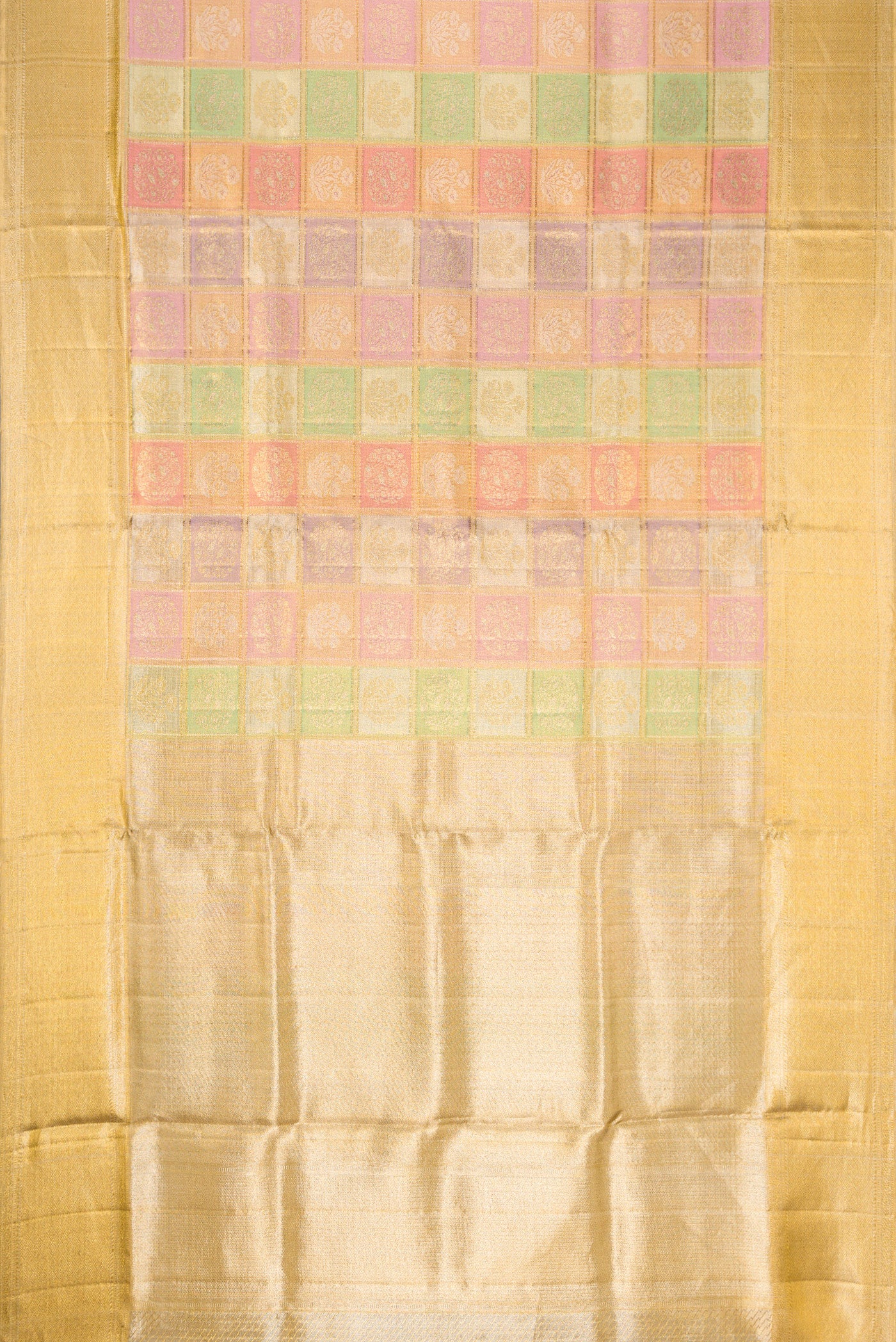 Flat view of Gold, Pink and Green Color Kanjivaram Tissue Silk Saree with Zari Brocade on the body and Zari Border. 