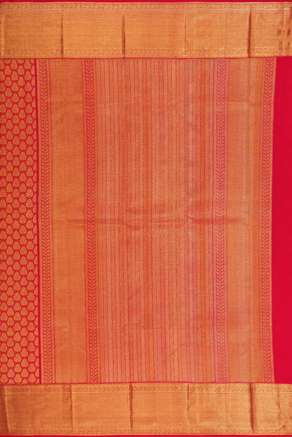 Close up image of the pallu of Red Kanchipuram Silk Saree with Zari Brocade on the body and Zari Border. 