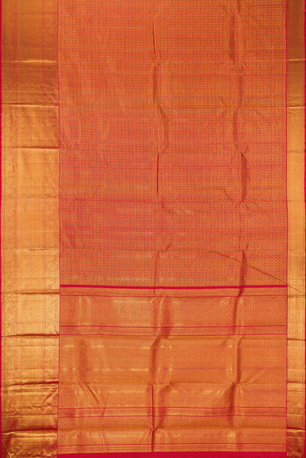 Flat view of Red Dual Tone Kanchipuram Silk Saree with Zari Brocade on the body and Zari Border. 