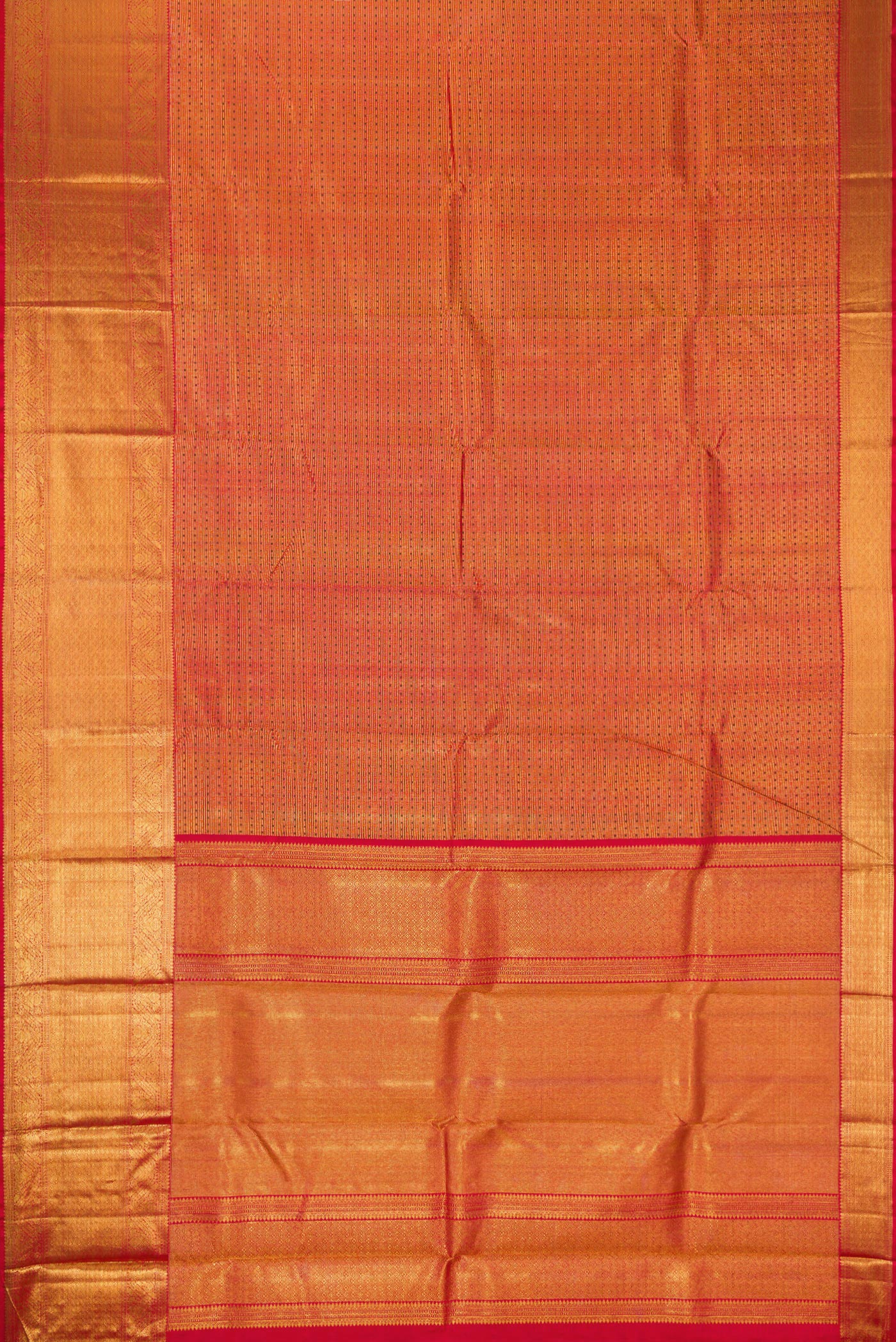 Flat view of Red Dual Tone Kanchipuram Silk Saree with Zari Brocade on the body and Zari Border. 