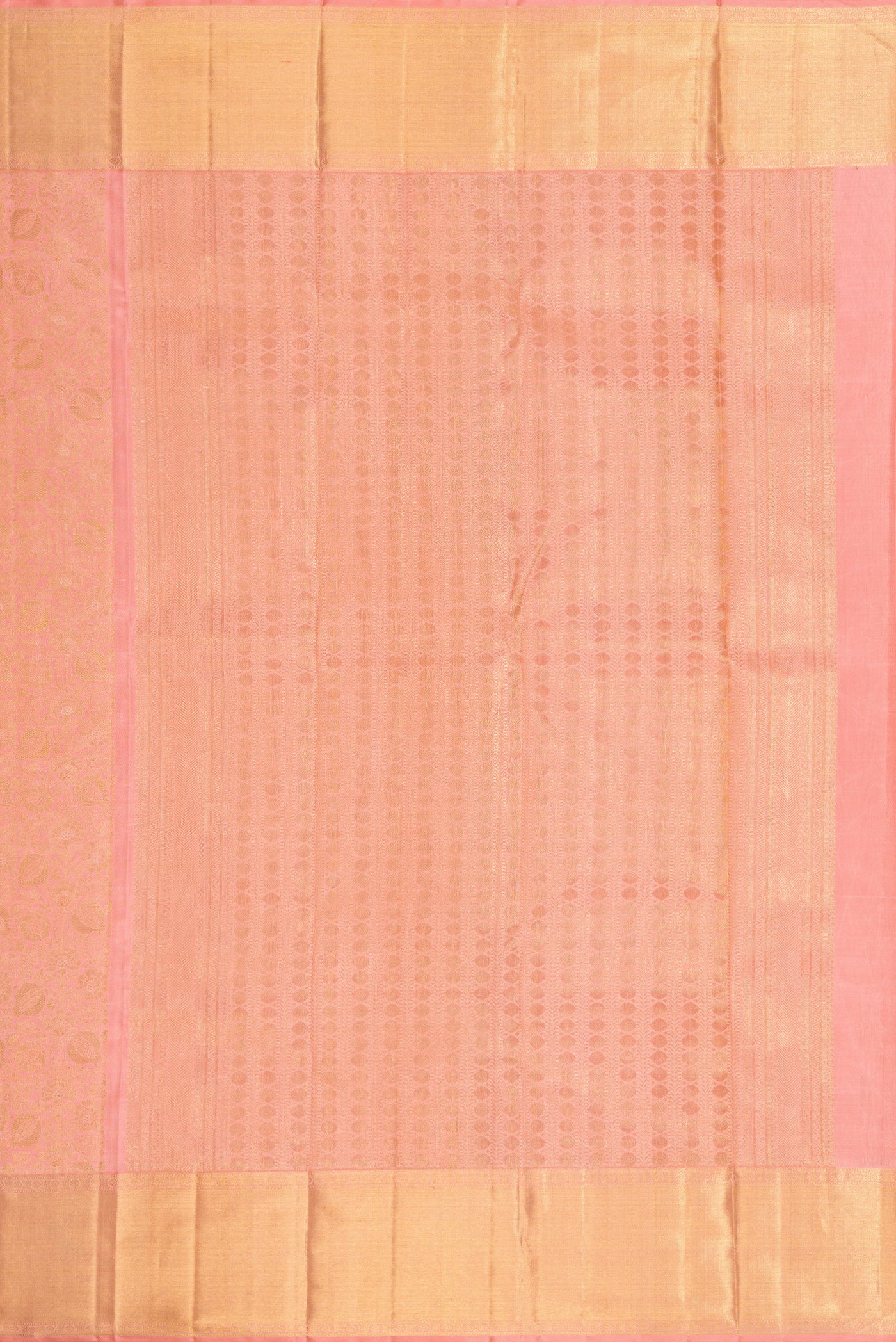 Close up image of the pallu of Pure Silk Pure Zari Pink Dual Tone Kanjivaram Saree with Zari Brocade on the body and Zari Border. 