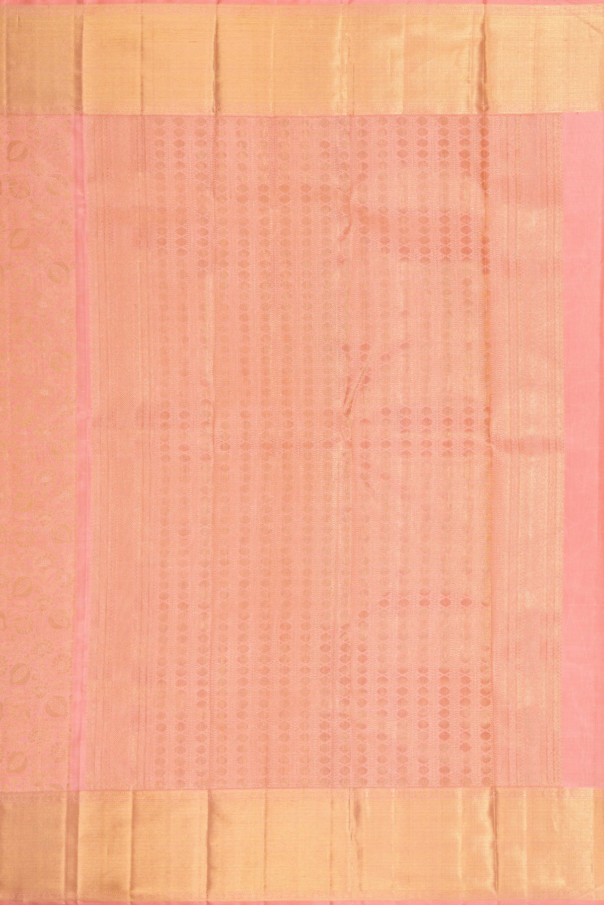 Close up image of the pallu of Pure Silk Pure Zari Pink Dual Tone Kanjivaram Saree with Zari Brocade on the body and Zari Border. 