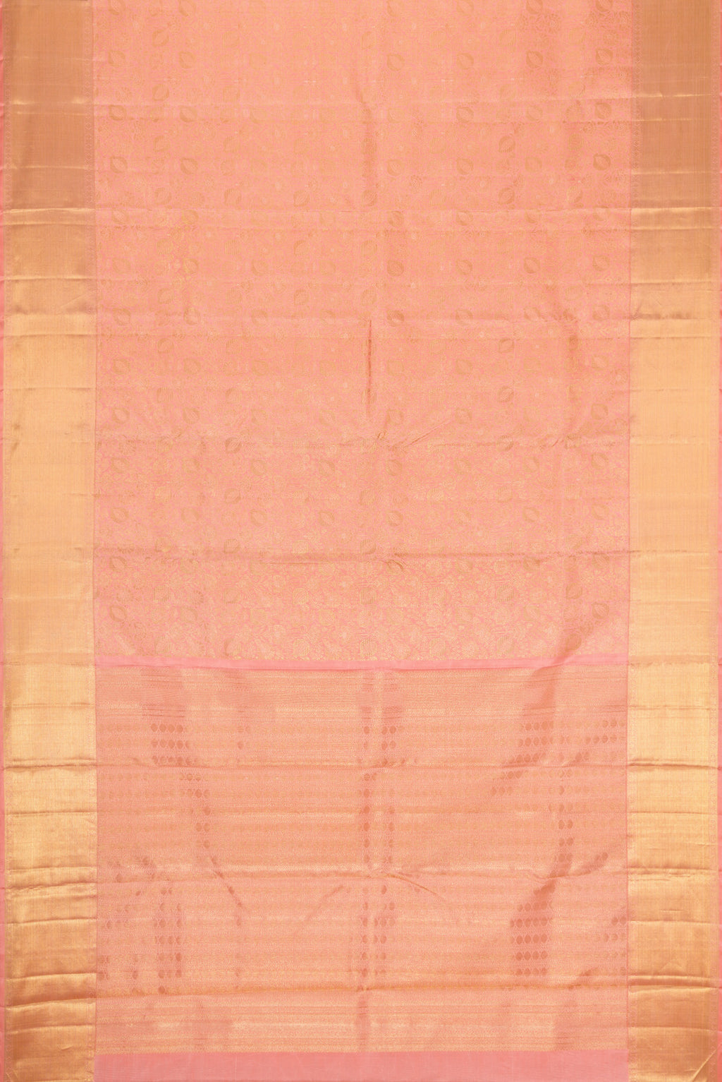 Flat view of Pure Silk Pure Zari Pink Dual Tone Kanjivaram Saree with Zari Brocade on the body and Zari Border. 