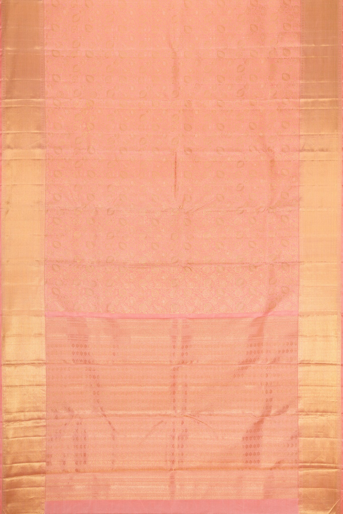 Flat view of Pure Silk Pure Zari Pink Dual Tone Kanjivaram Saree with Zari Brocade on the body and Zari Border. 