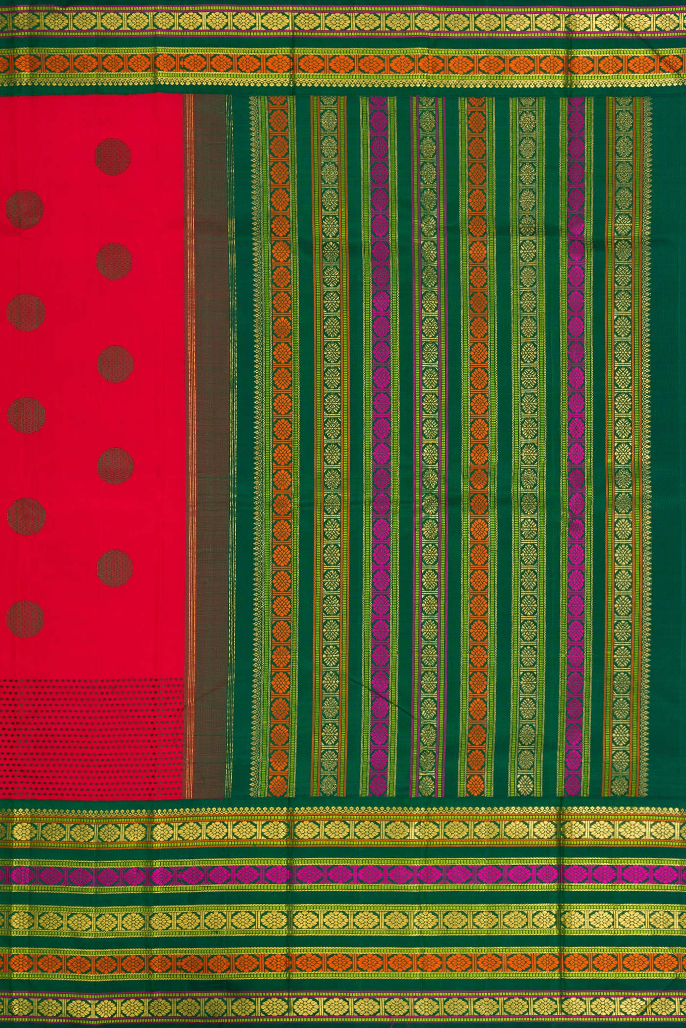 Close up image of the pallu of Pure Silk Pure Zari Red Dual Tone Kanchipuram Saree with Thread Butta on the body and Zari And Thread Border. 