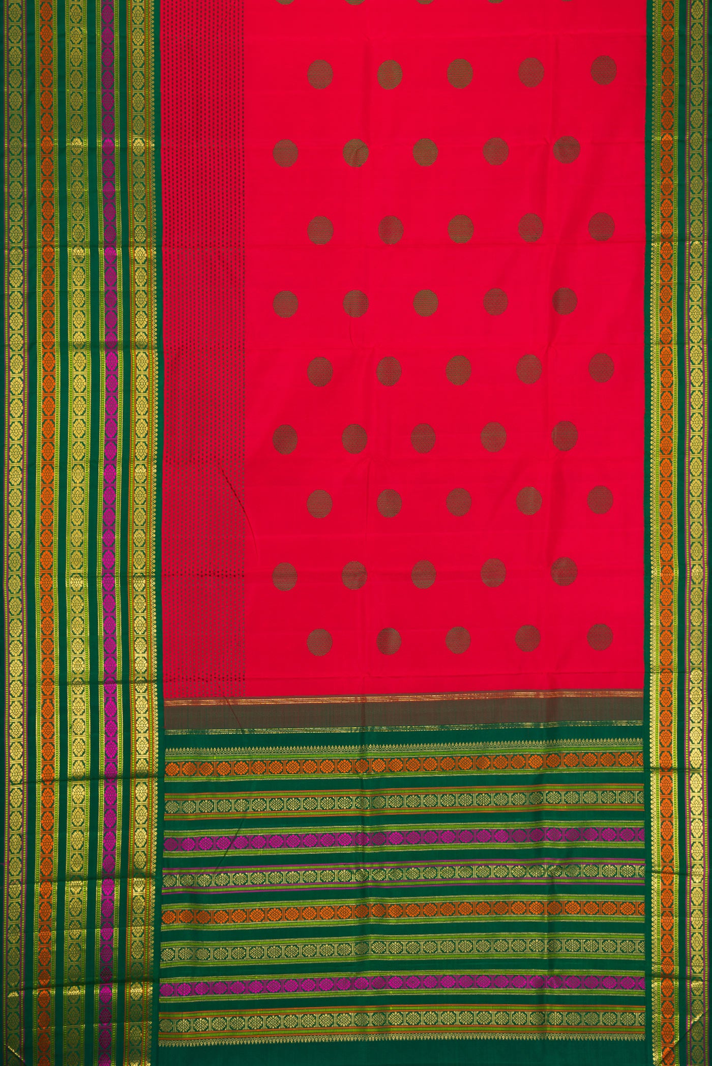 Flat view of Pure Silk Pure Zari Red Dual Tone Kanchipuram Saree with Thread Butta on the body and Zari And Thread Border. 