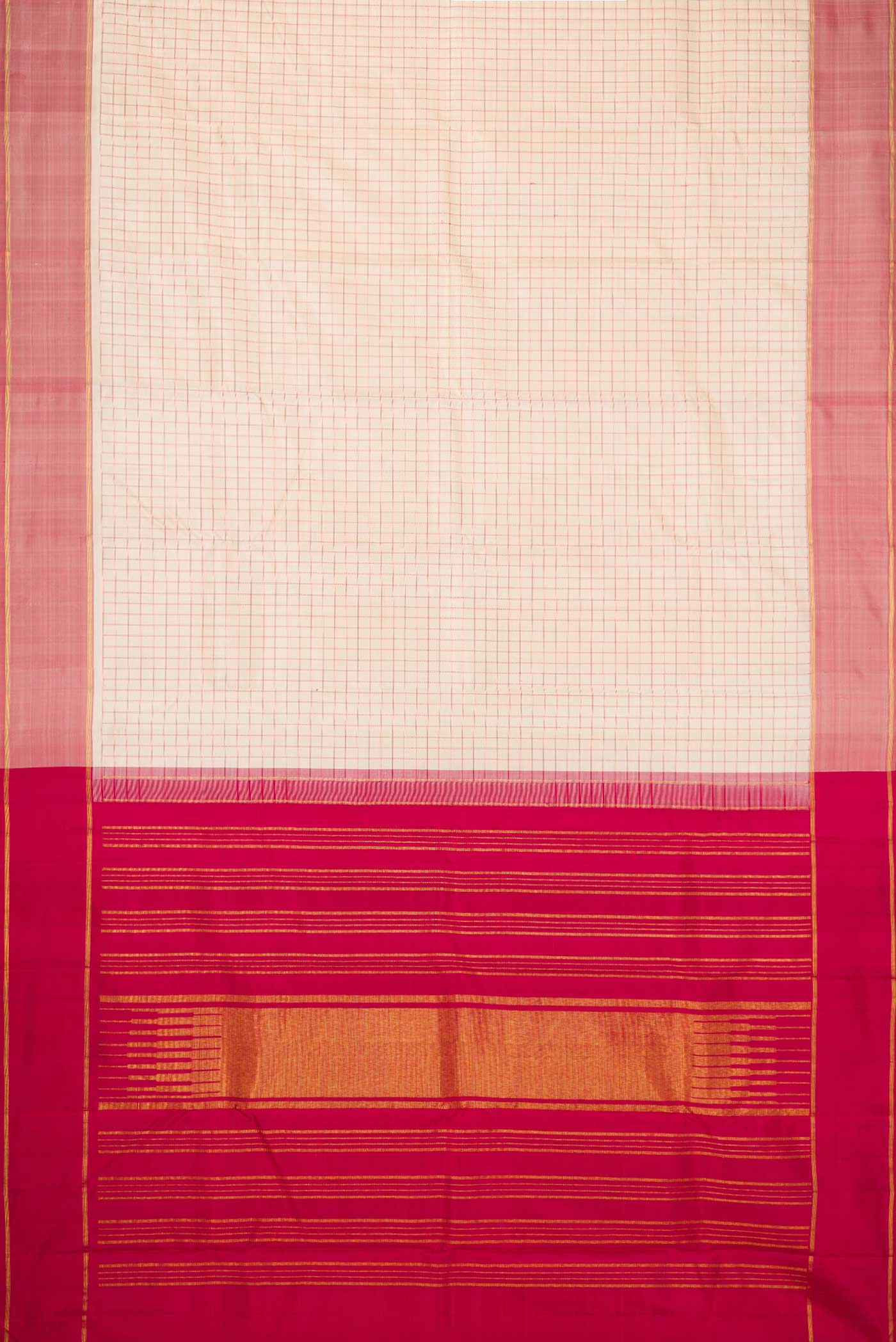 Flat view of Off White Dual Tone Kanchipuram Silk Saree with Checked design on the body and Zari Border. 