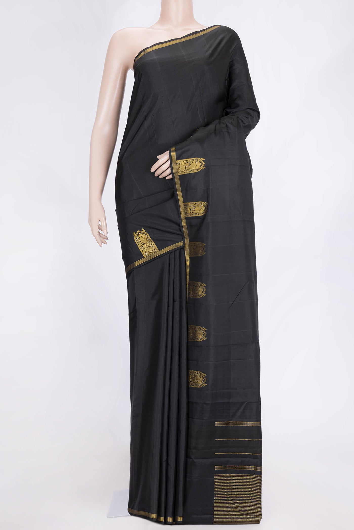 Black Dual Tone Kanchipuram Saree with Plain Body and Fancy Border.  displayed on a mannequin