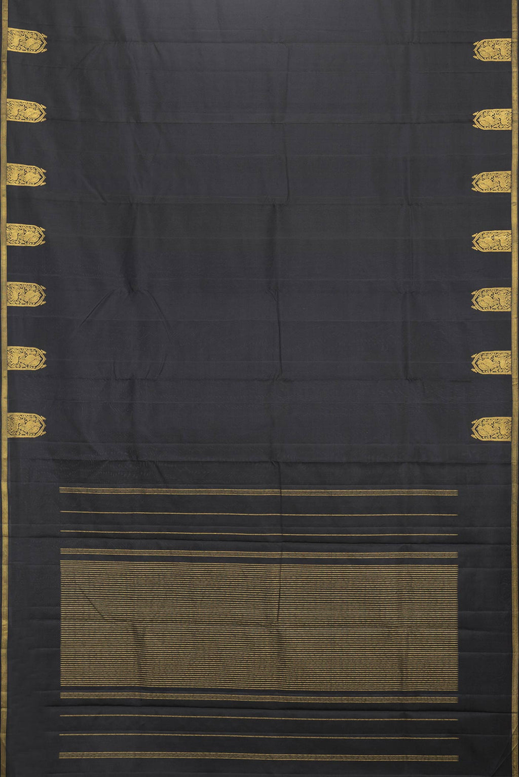 Flat view of Black Dual Tone Kanchipuram Saree with Plain Body and Fancy Border. 
