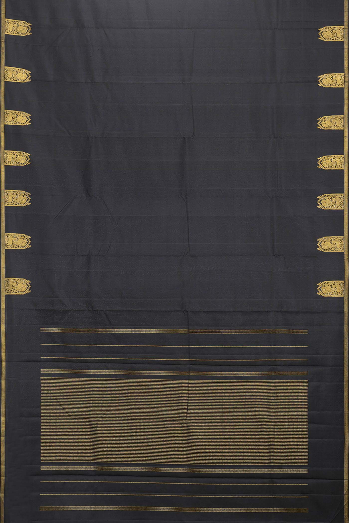 Flat view of Black Dual Tone Kanchipuram Saree with Plain Body and Fancy Border. 