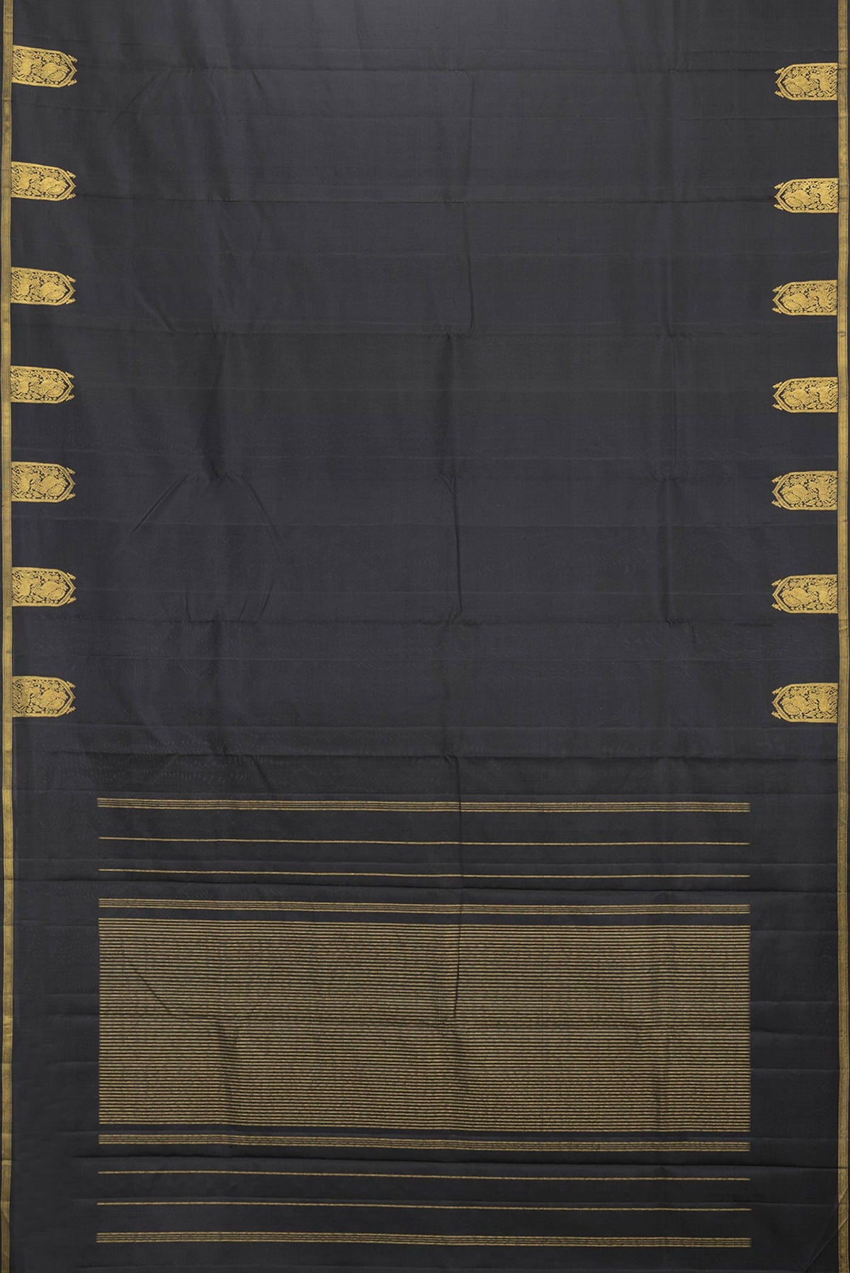 Flat view of Black Dual Tone Kanchipuram Saree with Plain Body and Fancy Border. 