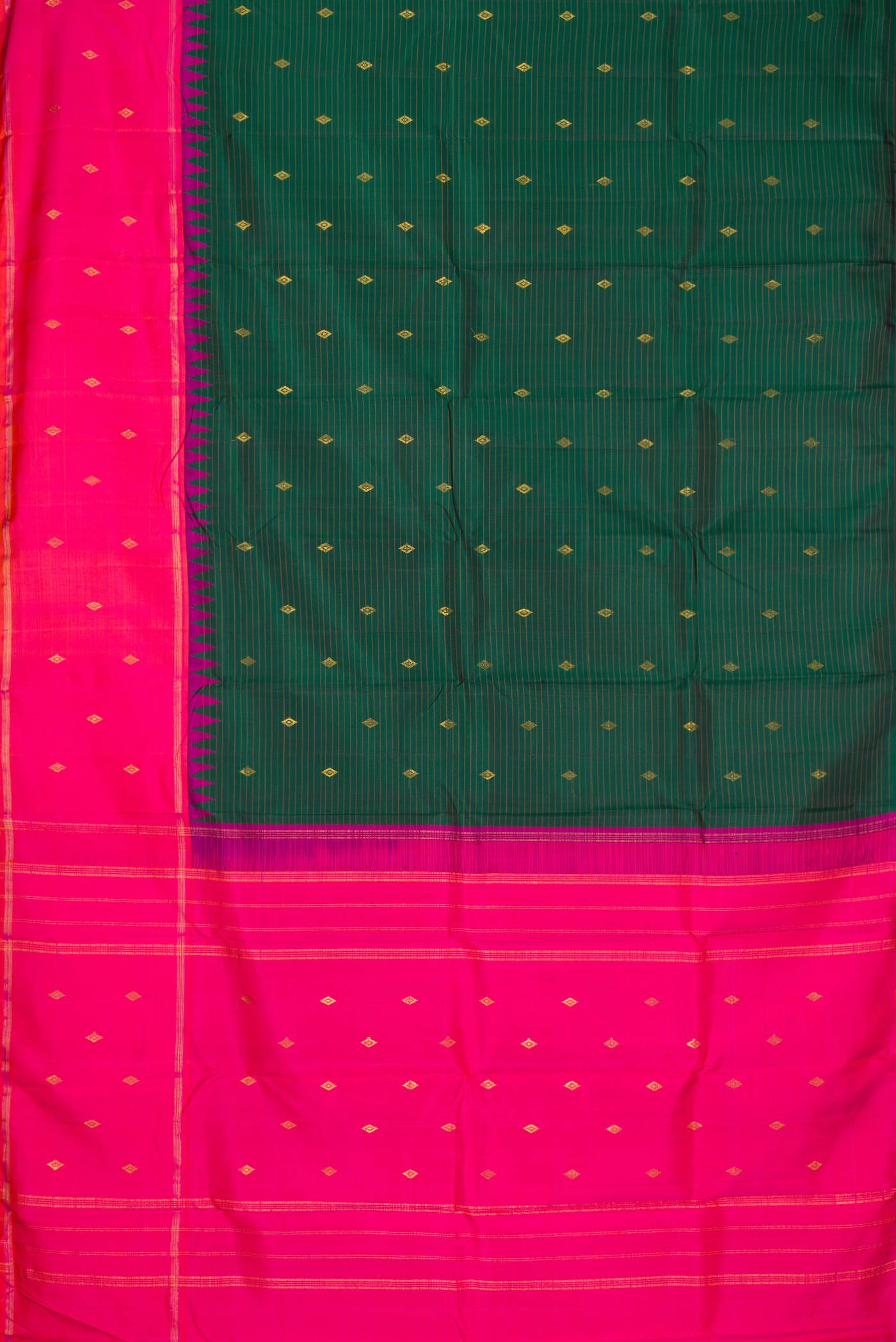 Flat view of Bottle Green Dual Tone Kanchipuram Silk Saree with Stripes on the body and Zari Border