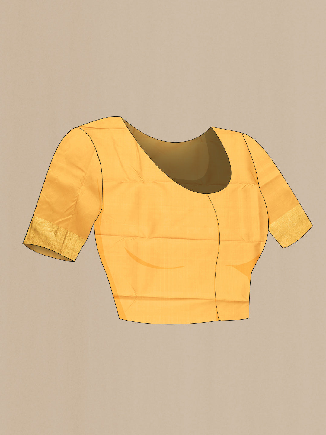 Close up image of the blouse of Mustard Dual Tone Kanjivaram Saree with Zari Butta on the body and Zari Border. 