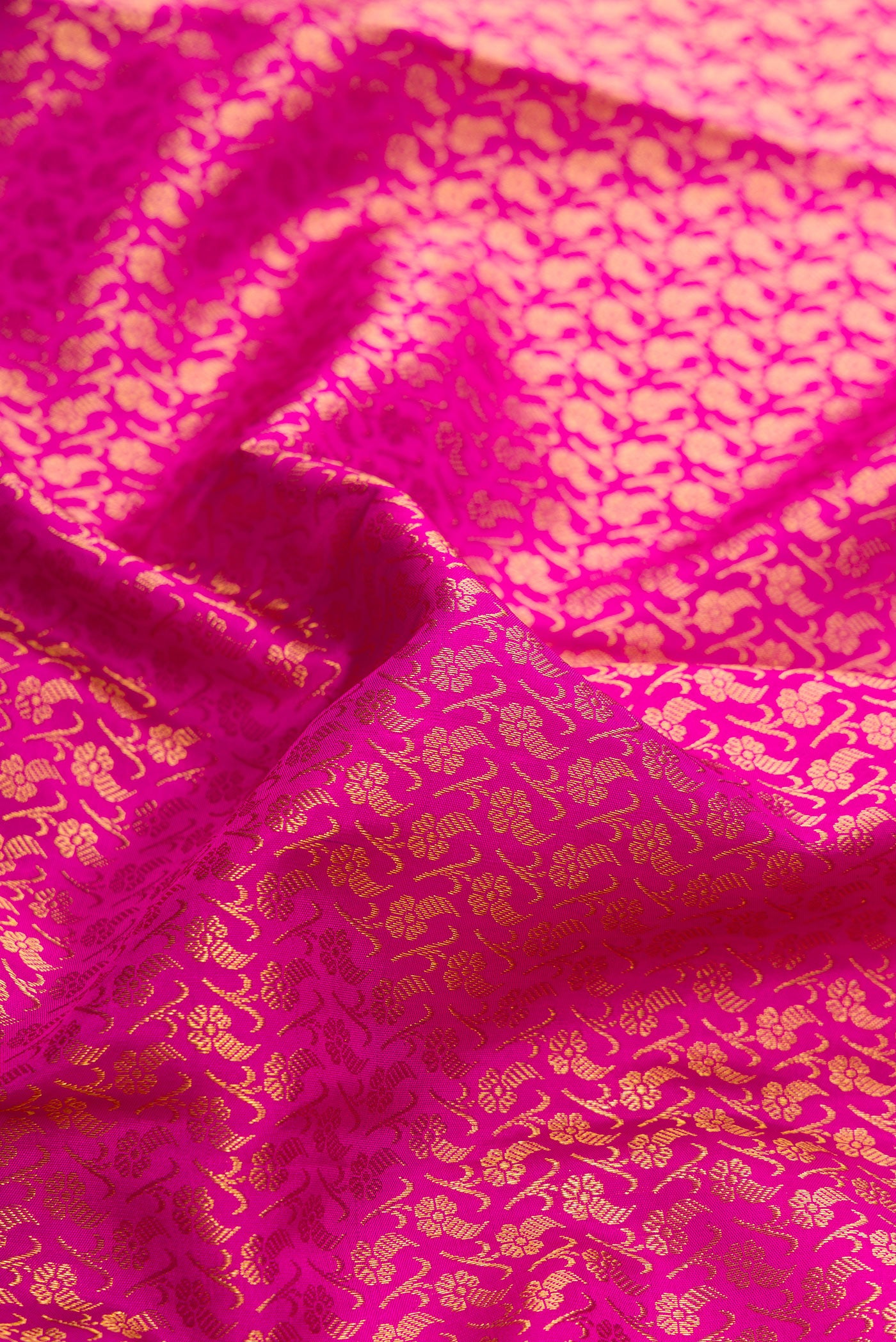 Close up of Pink Dual Tone Kanchipuram Silk Saree with Zari Brocade on the body and Zari Border.  displaying folds