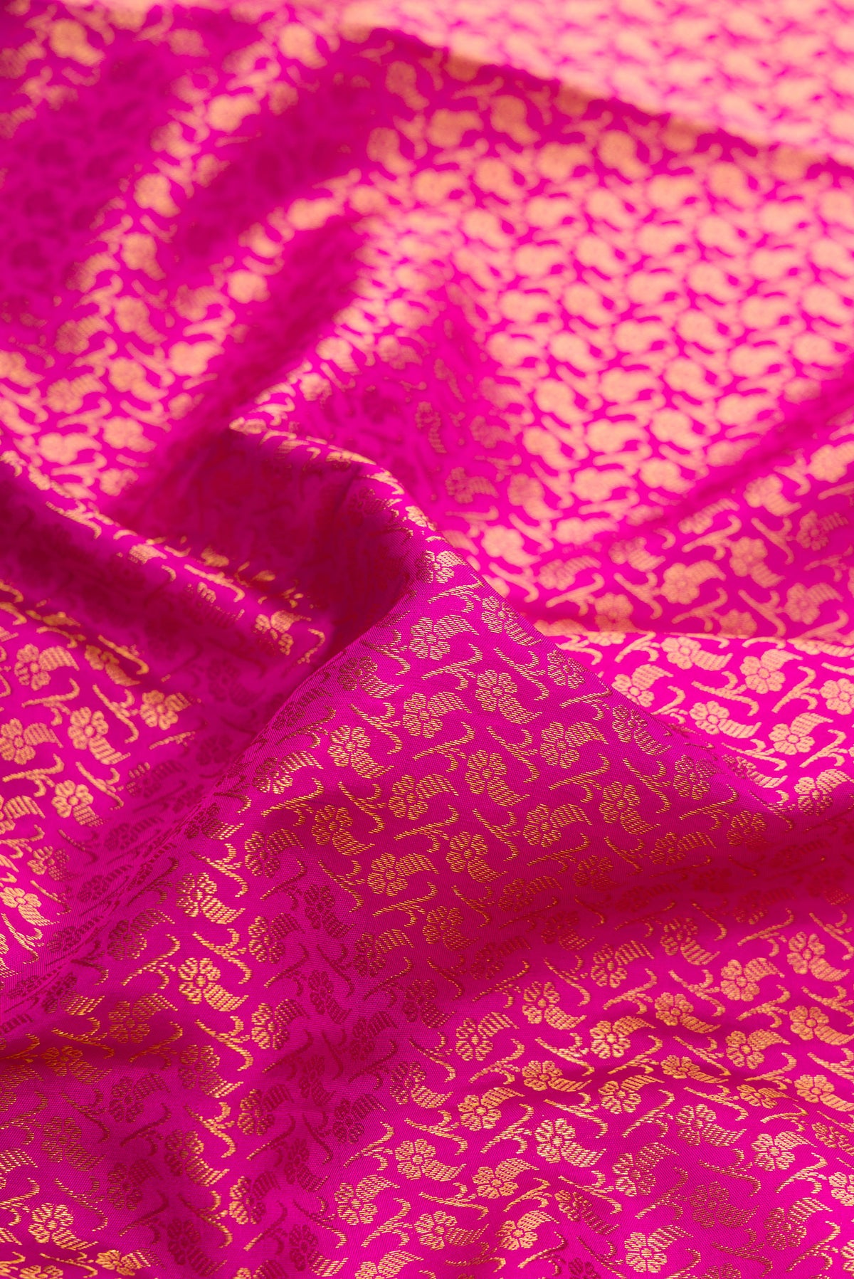 Close up of Pink Dual Tone Kanchipuram Silk Saree with Zari Brocade on the body and Zari Border.  displaying folds