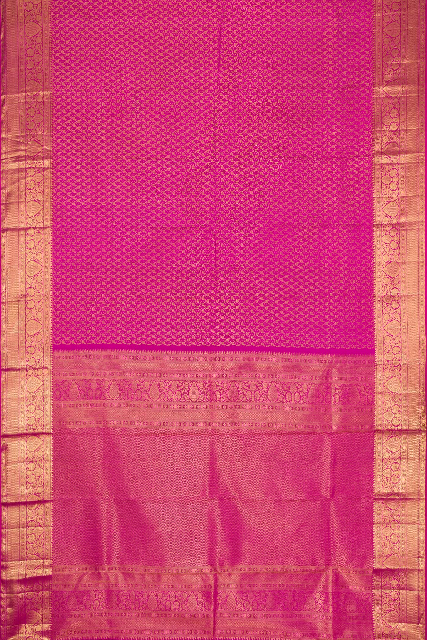 Flat view of Pink Dual Tone Kanchipuram Silk Saree with Zari Brocade on the body and Zari Border. 