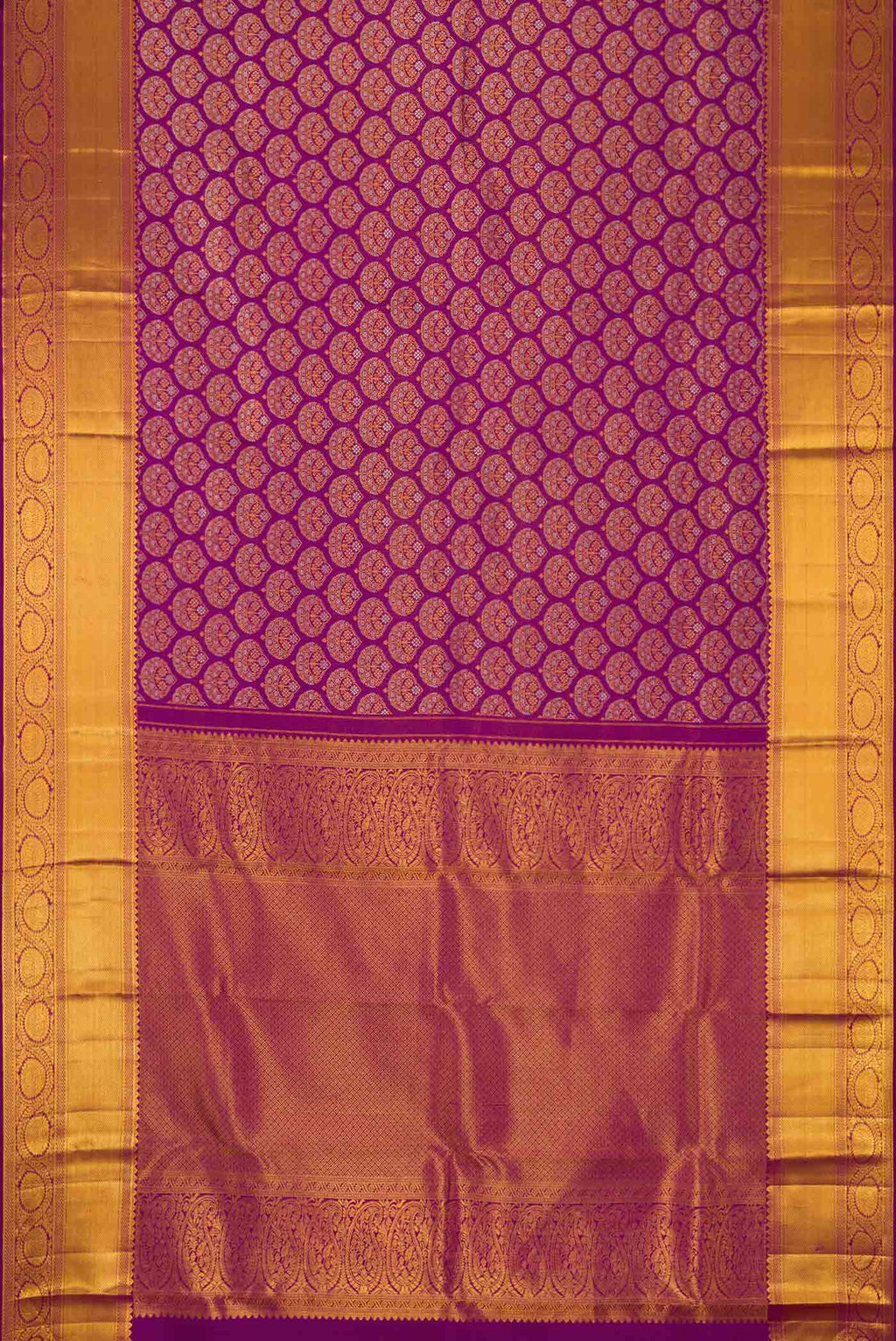 Flat view of Purple Dual Tone Kanchipuram Silk Saree with Zari Brocade on the body and Zari Border. 