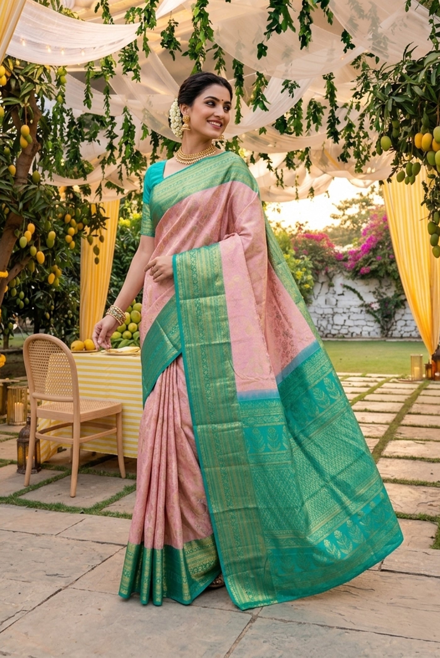 Model wearing a Rose Gold Kanchipuram Silk Saree with Zari Brocade on the body and Zari Border.