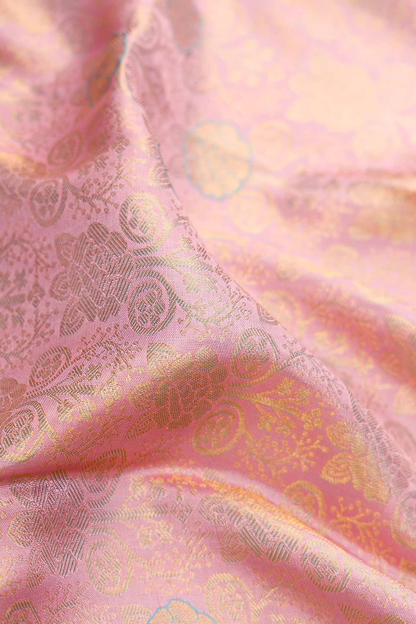 Close up of Rose Gold Dual Tone Kanchipuram Silk Saree with Zari Brocade on the body and Zari Border.  displaying folds