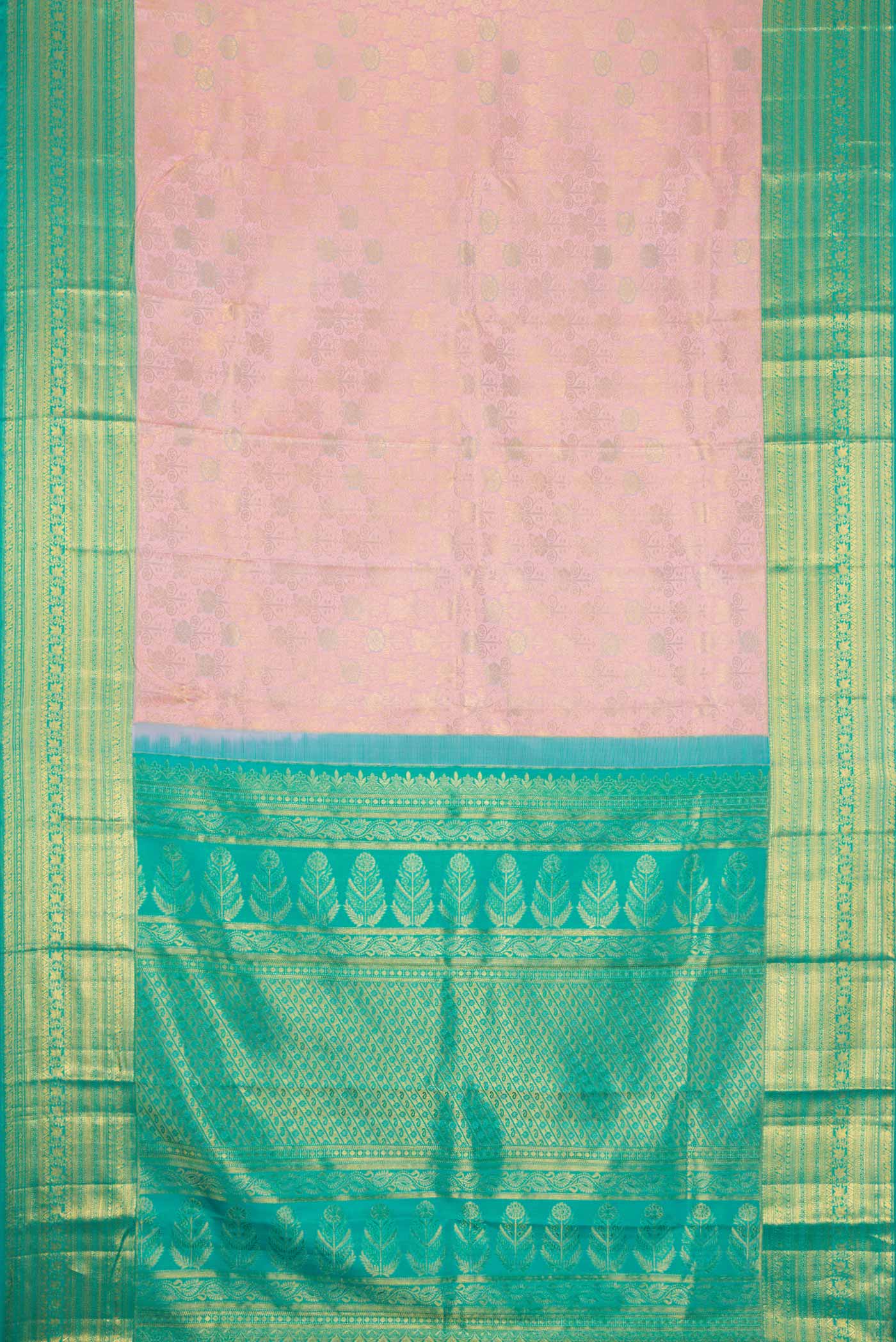 Flat view of Rose Gold Dual Tone Kanchipuram Silk Saree with Zari Brocade on the body and Zari Border. 