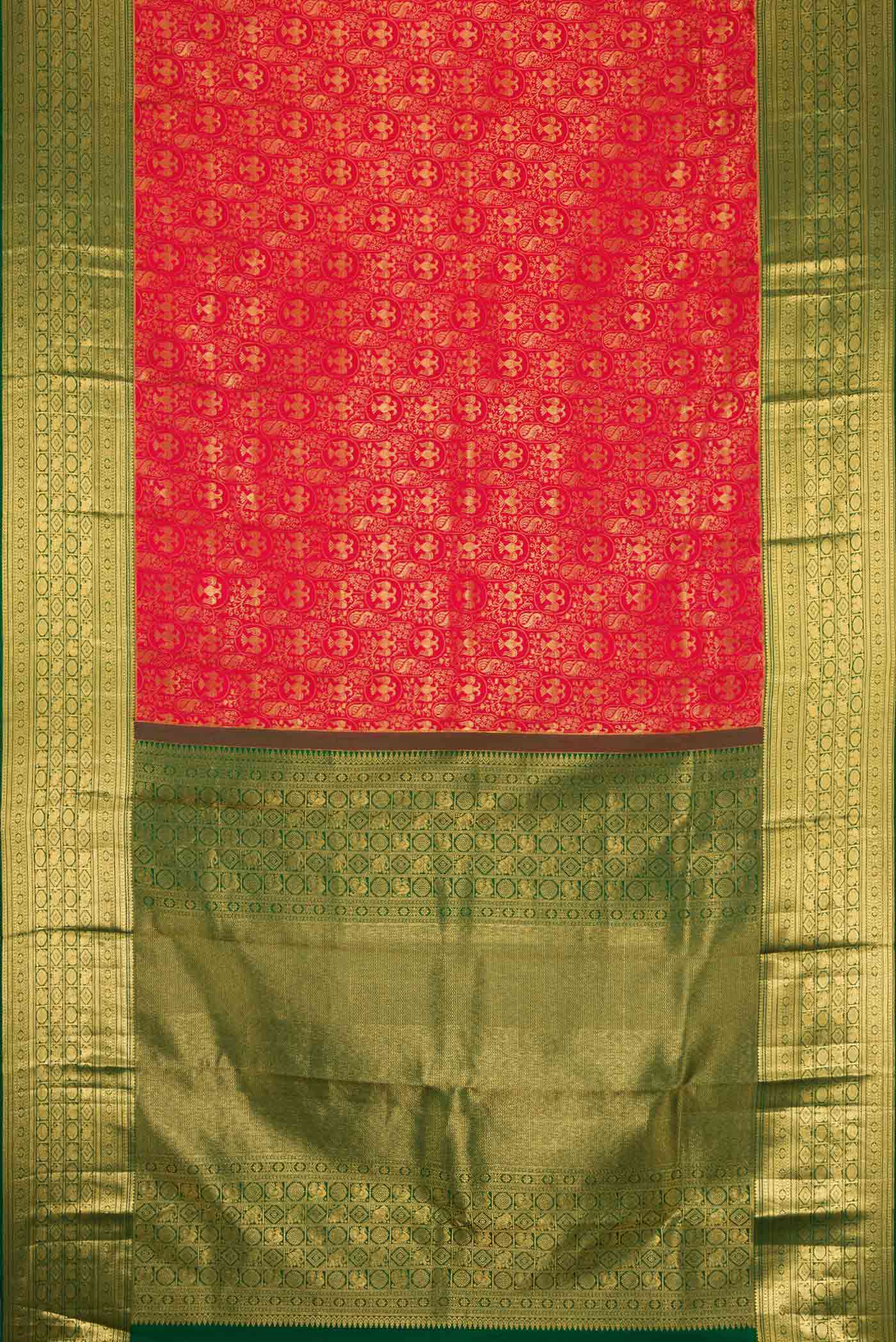 Flat view of Red Dual Tone Kanchipuram Silk Saree with Zari Brocade on the body and Zari Border. 
