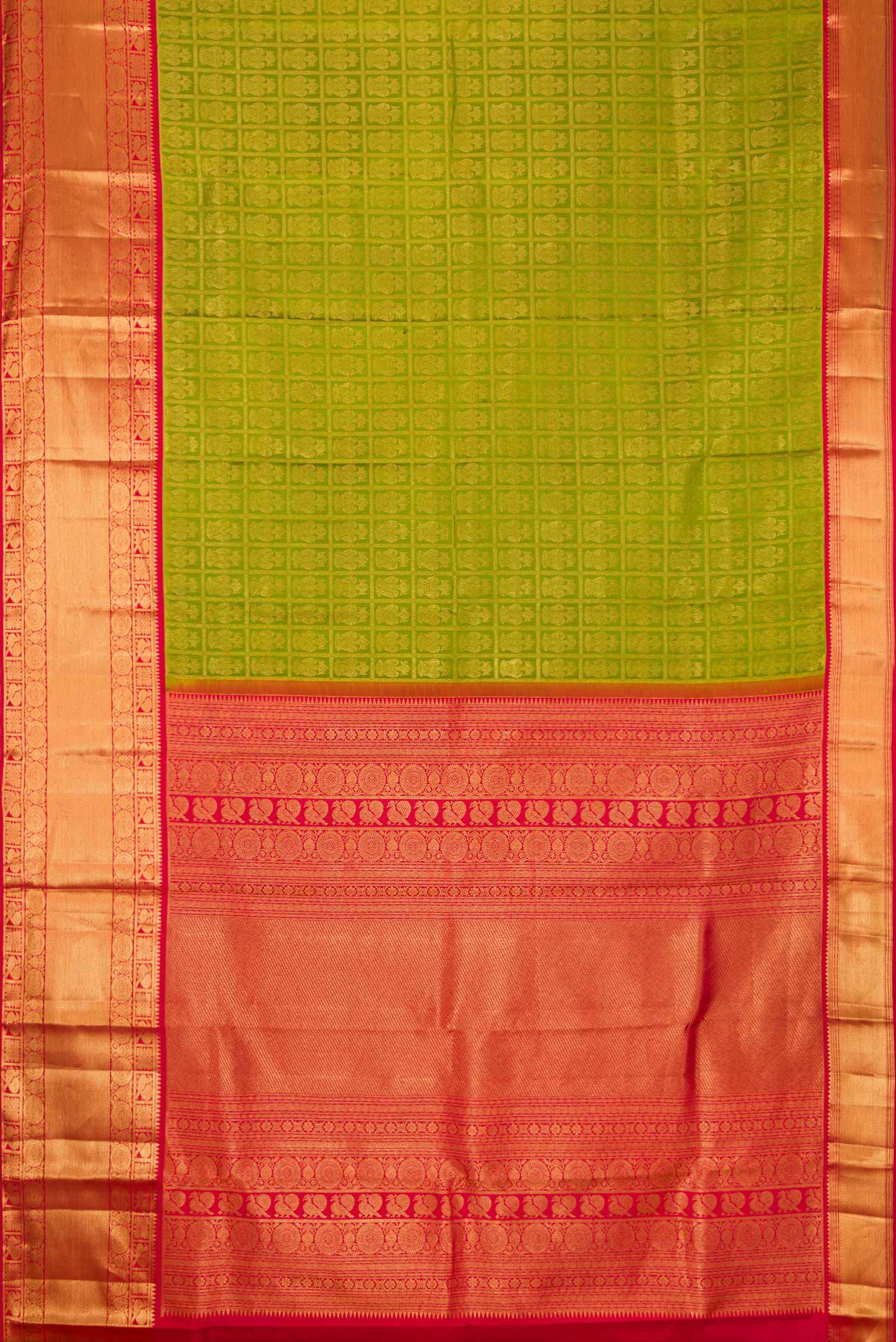 Flat view of Mehandi Green Dual Tone Kanchipuram Silk Saree with Zari Brocade on the body and Zari Border. 