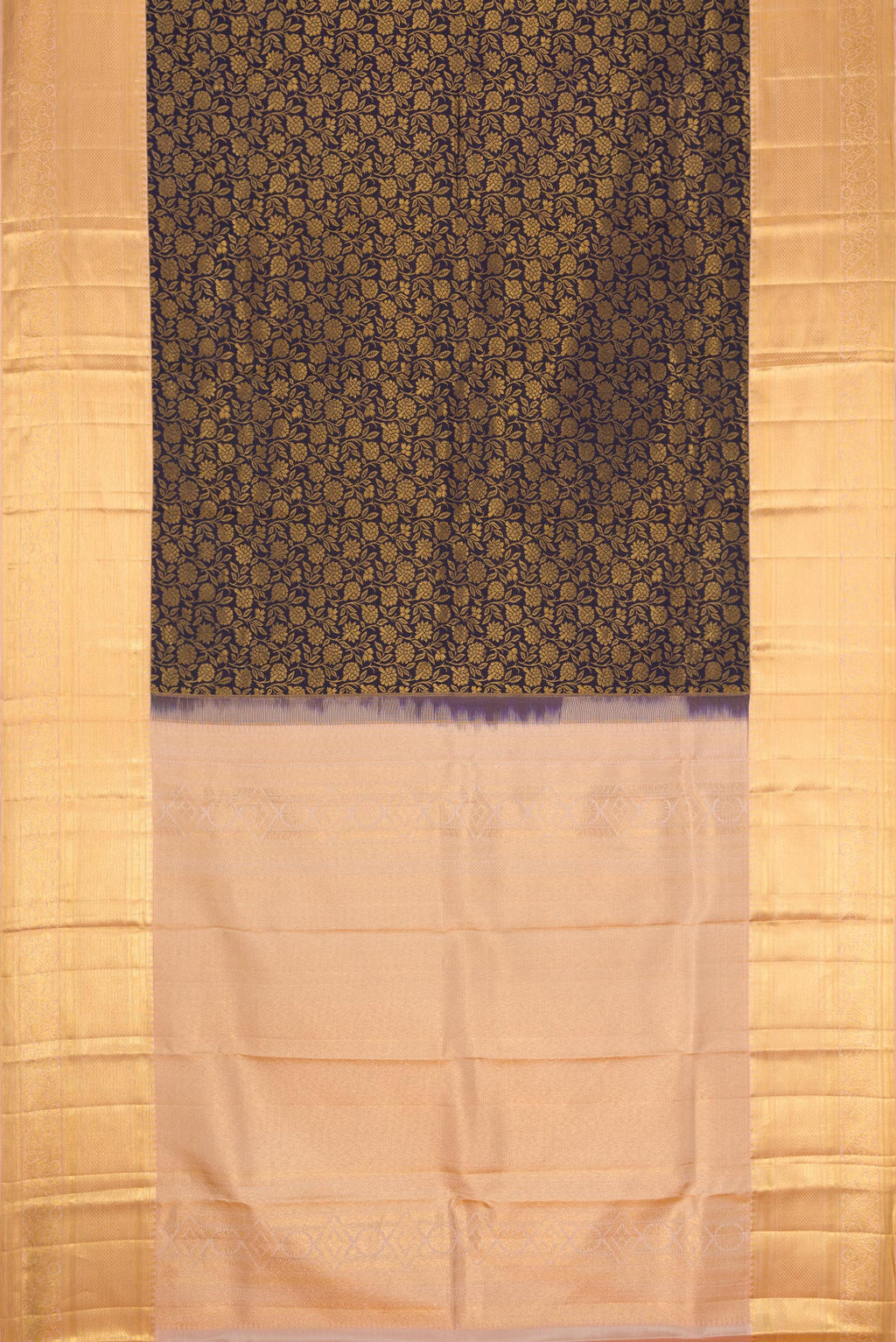 Flat view of Navy Blue Dual Tone Kanchipuram Silk Saree with Zari Brocade on the body and Zari Border. 
