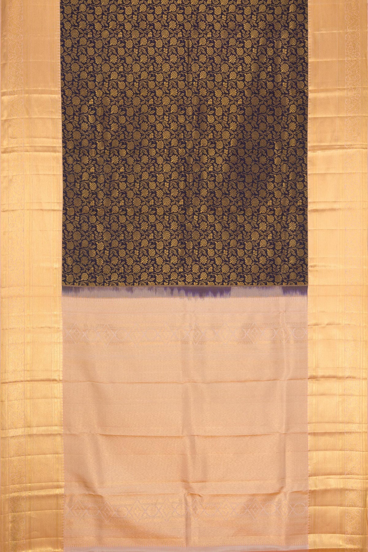 Flat view of Navy Blue Dual Tone Kanchipuram Silk Saree with Zari Brocade on the body and Zari Border. 