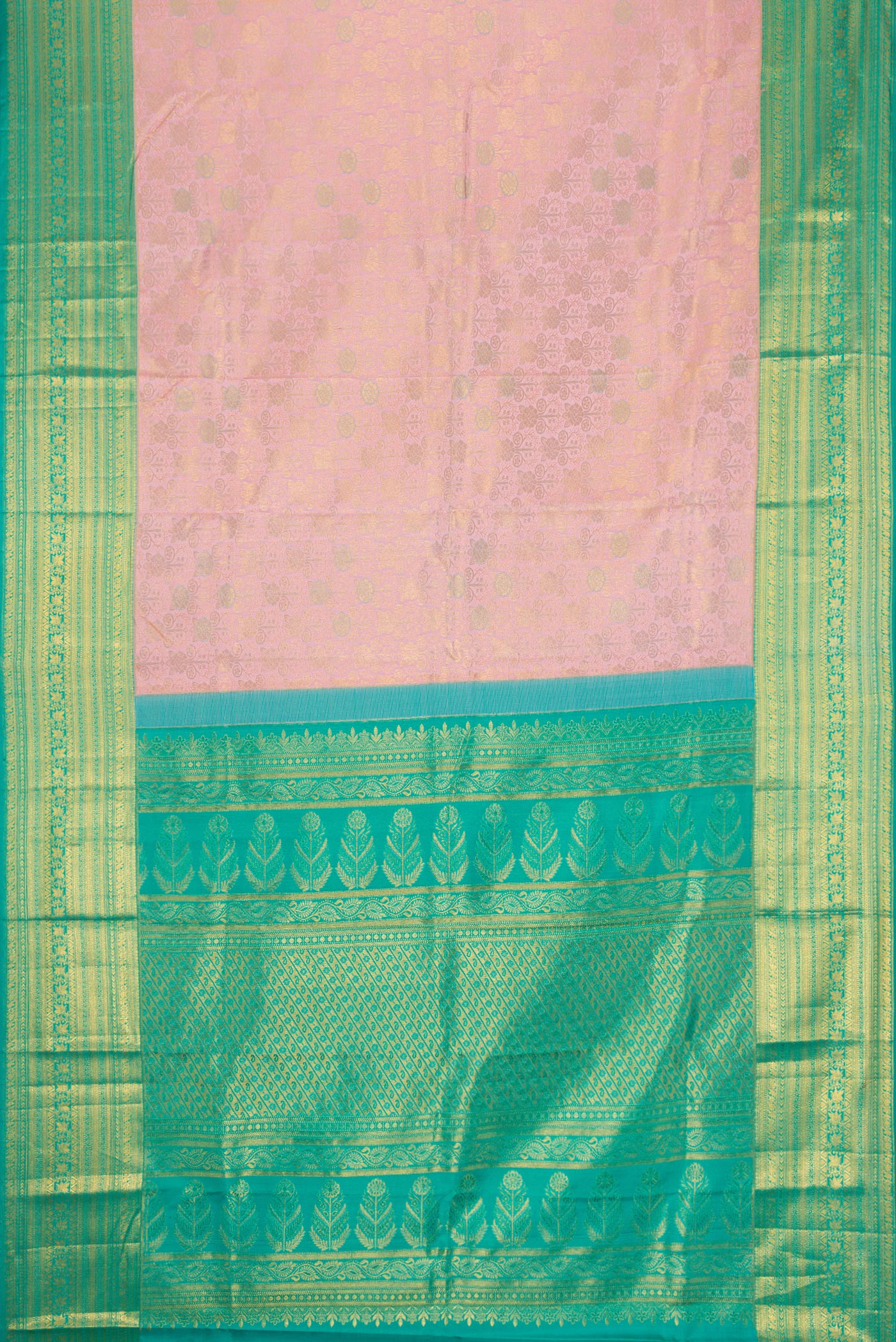 Flat view of Rose Gold Dual Tone Kanchipuram Silk Saree with Zari Brocade on the body and Zari Border. 