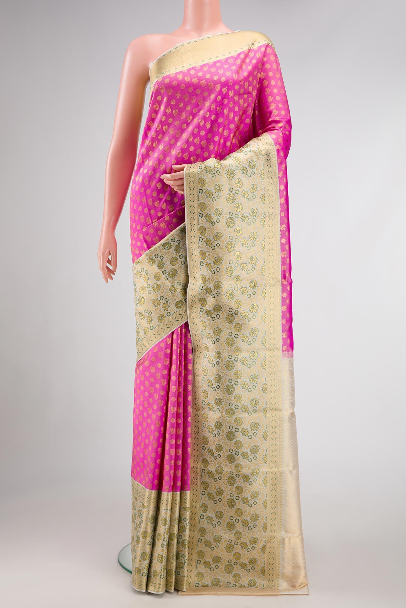 Pink Dual Tone Kanjivaram Silk Saree with Zari Brocade on the body and Fancy Border.  displayed on a mannequin