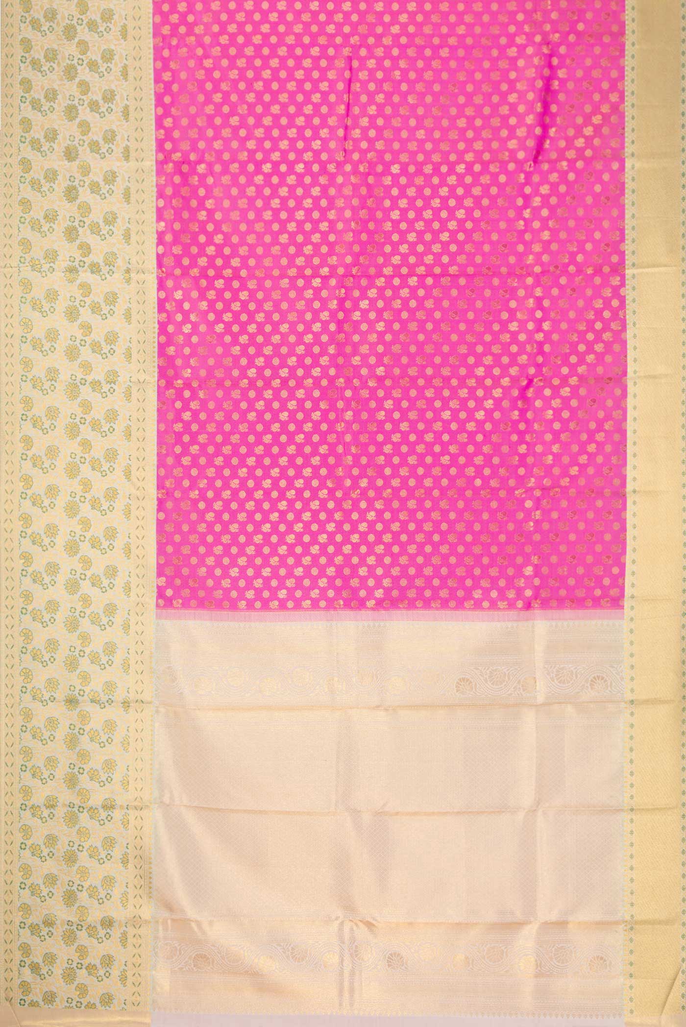 Flat view of Pink Dual Tone Kanjivaram Silk Saree with Zari Brocade on the body and Fancy Border. 