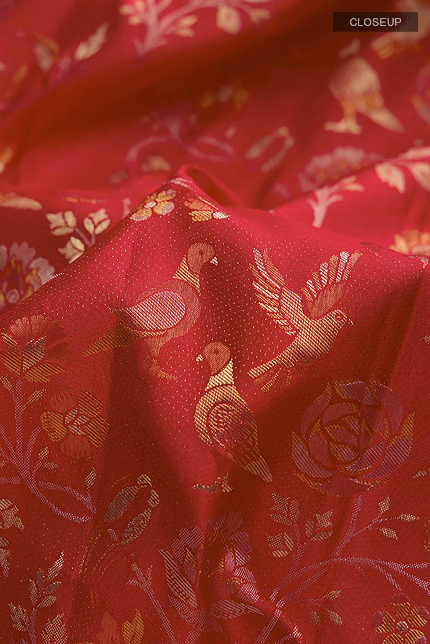 Close up of Red Kanchipuram Silk Saree with Zari Butta on the body and Zari Border displaying folds