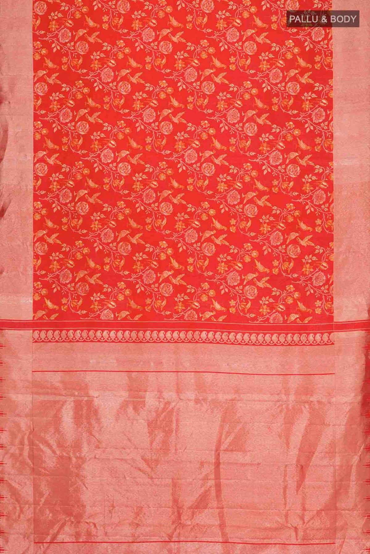 Flat view of Red Kanchipuram Silk Saree with Zari Butta on the body and Zari Border