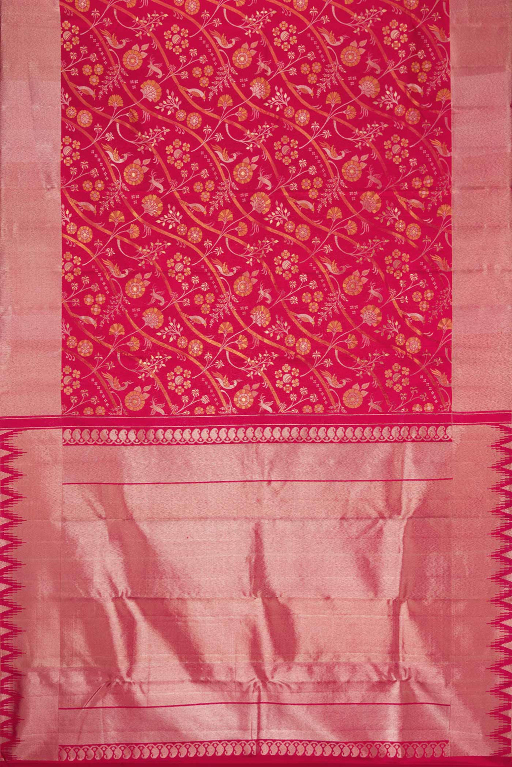 Flat view of Red Dual Tone Kanjivaram Silk Saree with Zari Brocade on the body and Zari Border. 