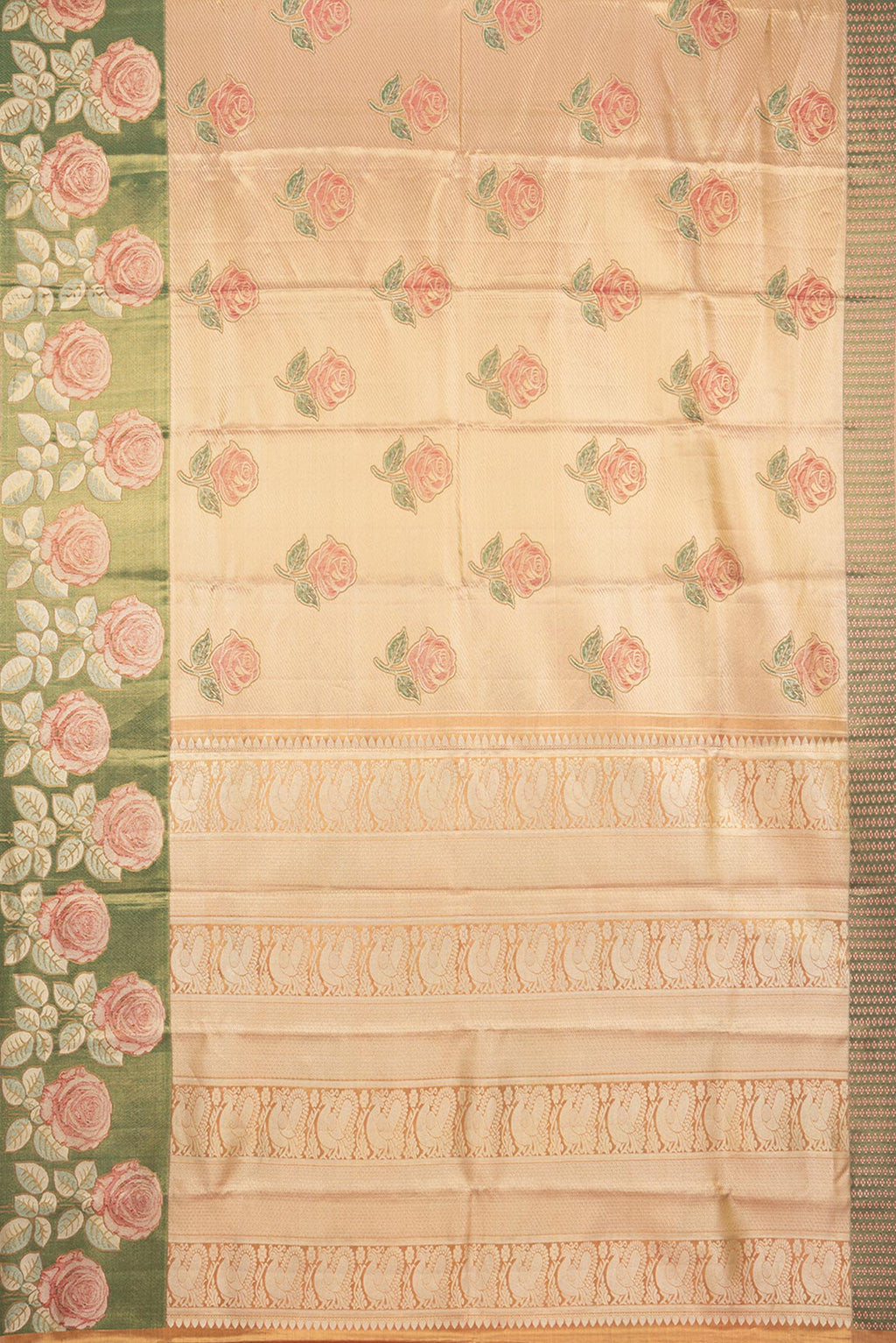 Flat view of Gold Dual Tone Kanjivaram Tissue Saree with Zari Brocade on the body and Fancy Border. 
