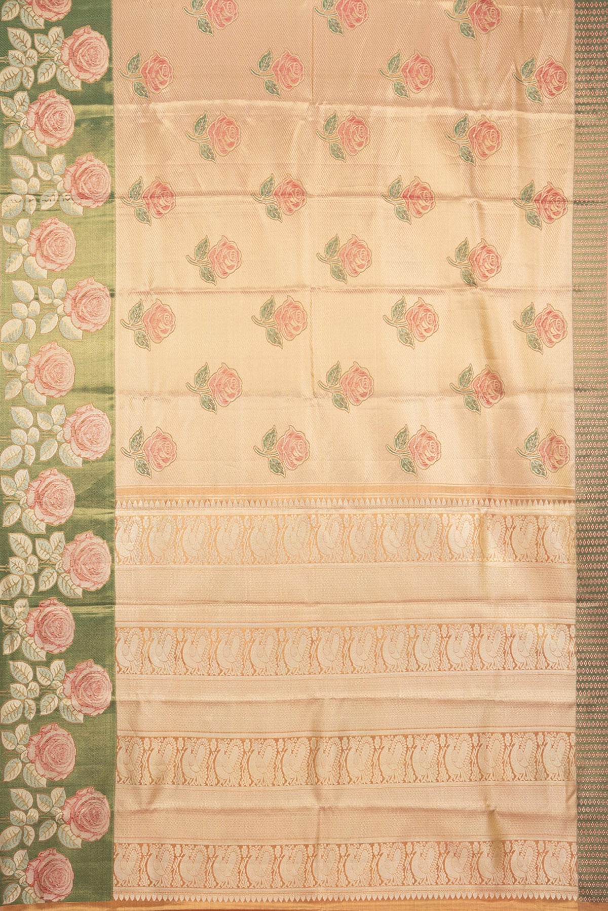 Flat view of Gold Dual Tone Kanjivaram Tissue Saree with Zari Brocade on the body and Fancy Border. 