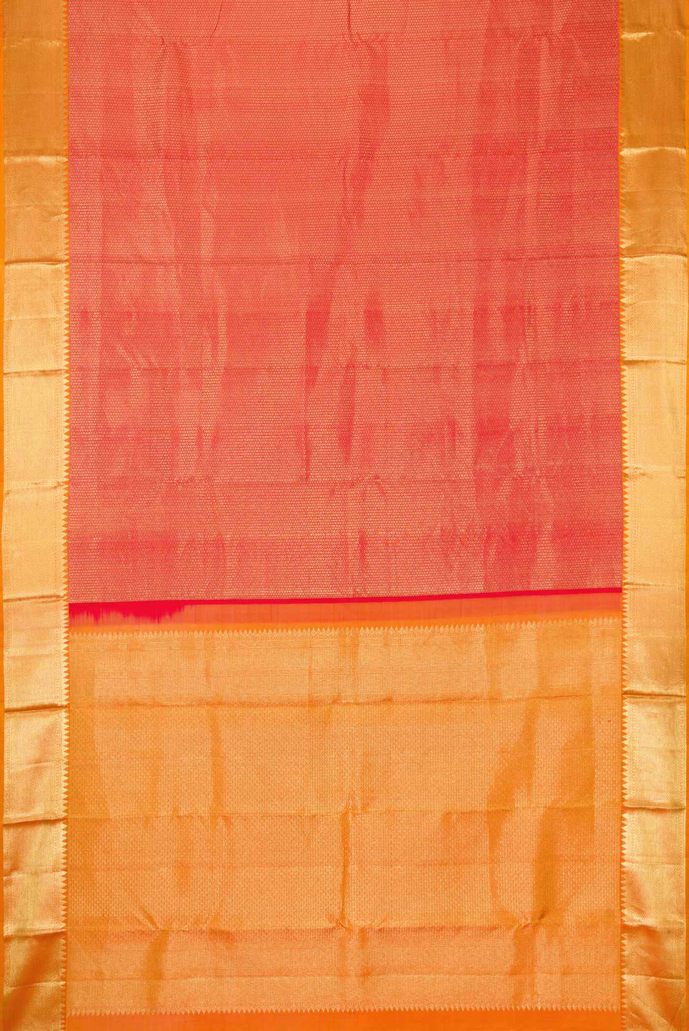 Flat view of Red Dual Tone Kanjivaram Silk Saree with Zari Brocade on the body and Zari Border. 