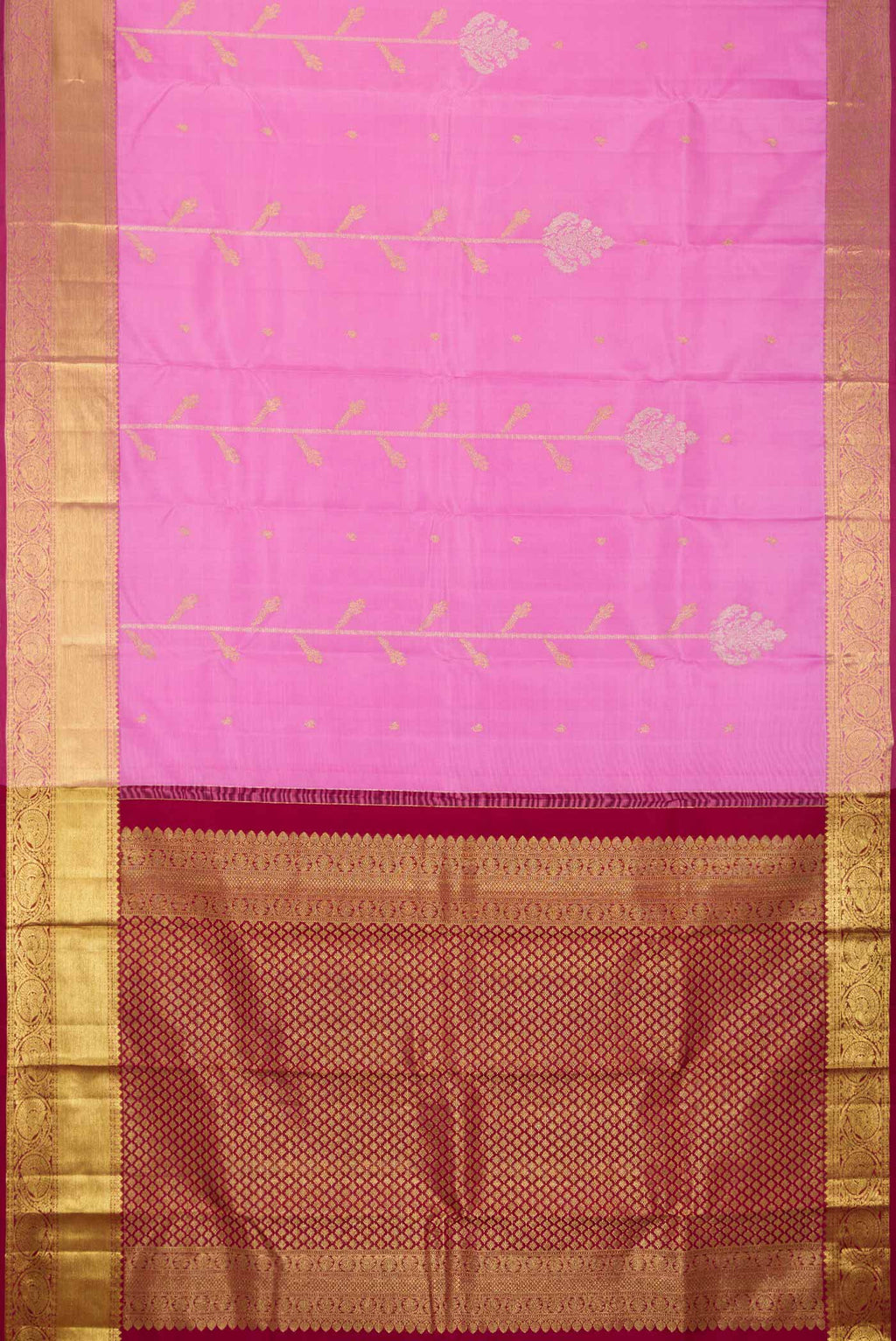 Flat view of Pink Dual Tone Kanchipuram Saree with Zari Butta on the body and Zari Border