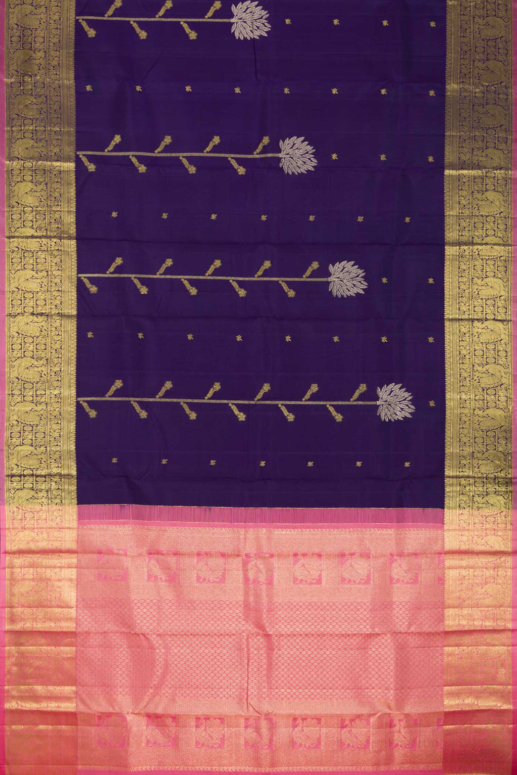 Flat view of Navy Blue Dual Tone Kanchipuram Saree with Zari Butta on the body and Zari Border