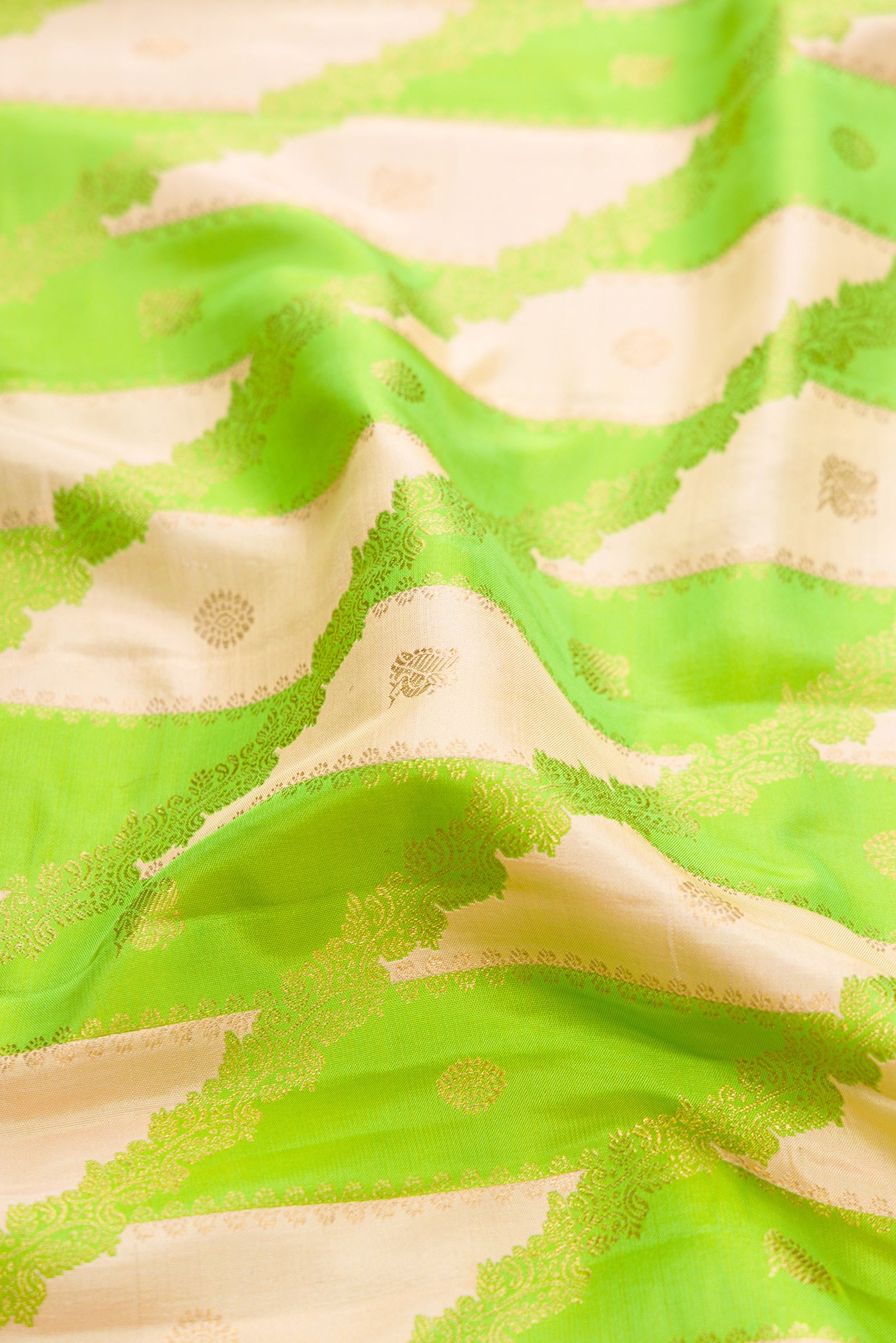 Close up of Parrot Green Dual Tone Kanjivaram Silk Saree with Zari Brocade on the body and Zari Border.  displaying folds