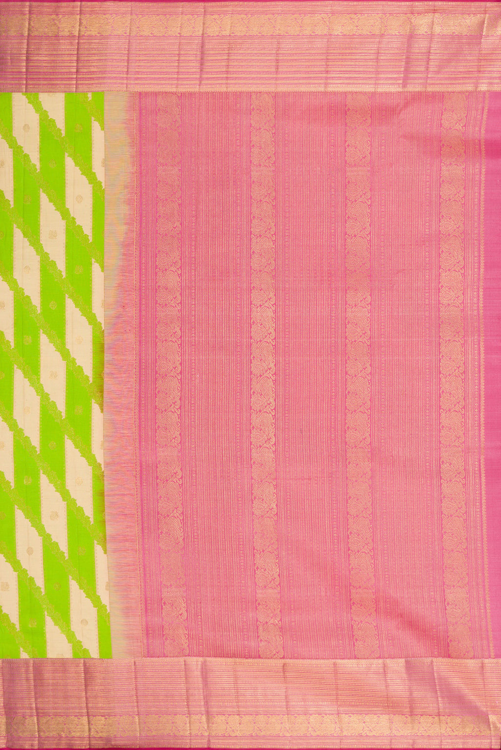 Close up image of the pallu of Parrot Green Dual Tone Kanjivaram Silk Saree with Zari Brocade on the body and Zari Border. 