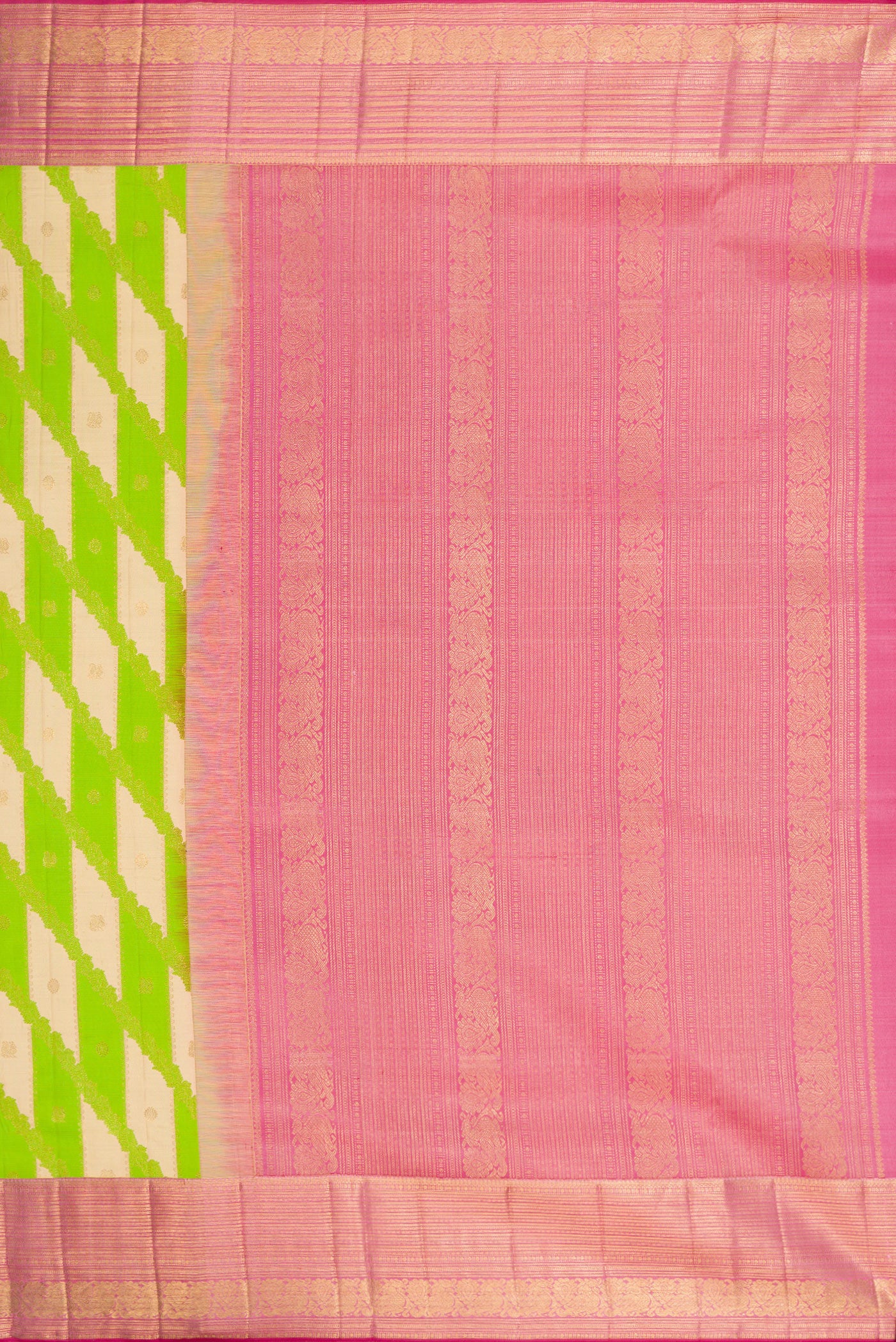 Close up image of the pallu of Parrot Green Dual Tone Kanjivaram Silk Saree with Zari Brocade on the body and Zari Border. 