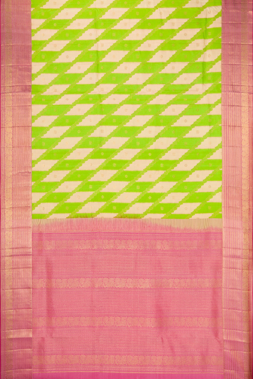 Flat view of Parrot Green Dual Tone Kanjivaram Silk Saree with Zari Brocade on the body and Zari Border. 