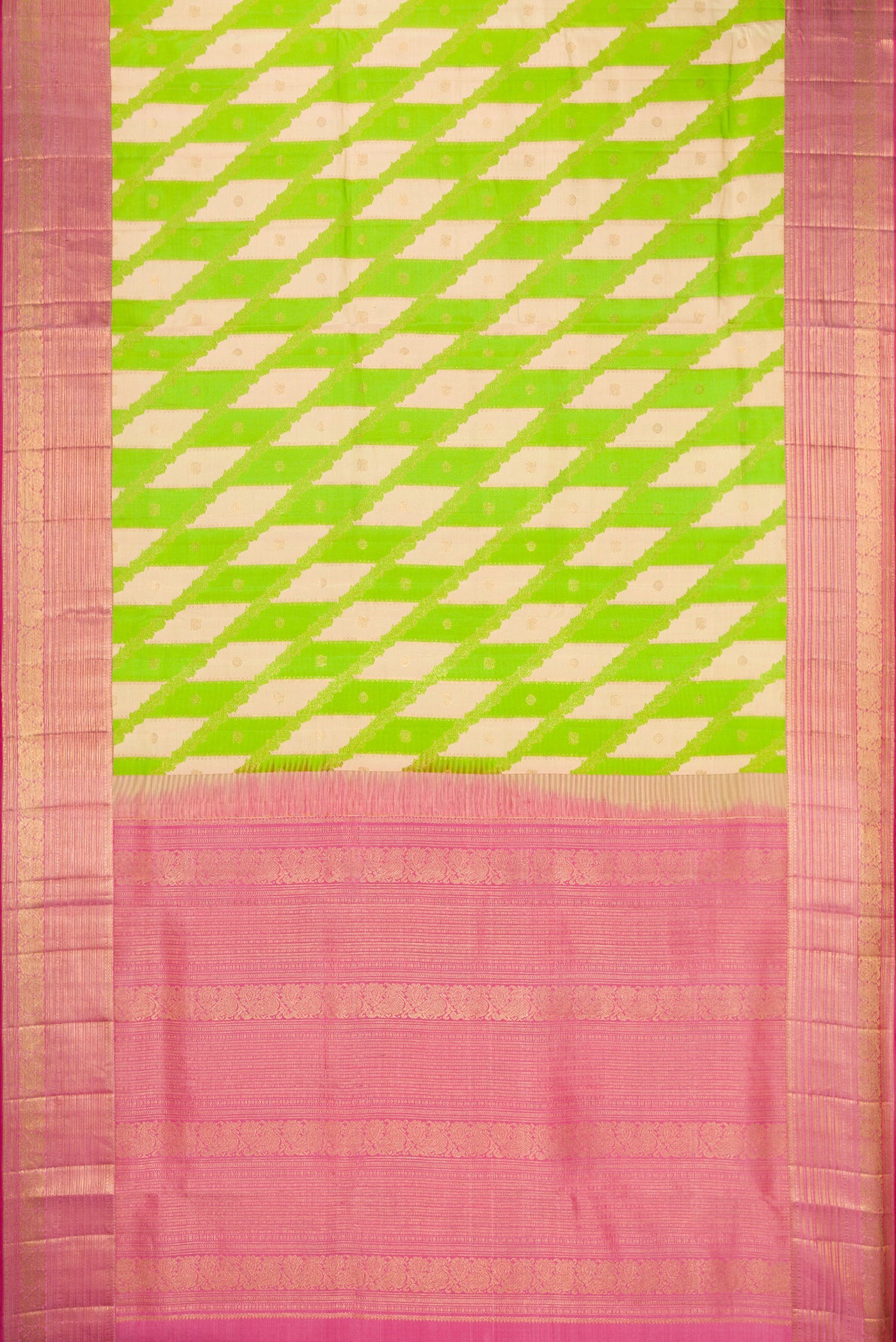 Flat view of Parrot Green Dual Tone Kanjivaram Silk Saree with Zari Brocade on the body and Zari Border. 