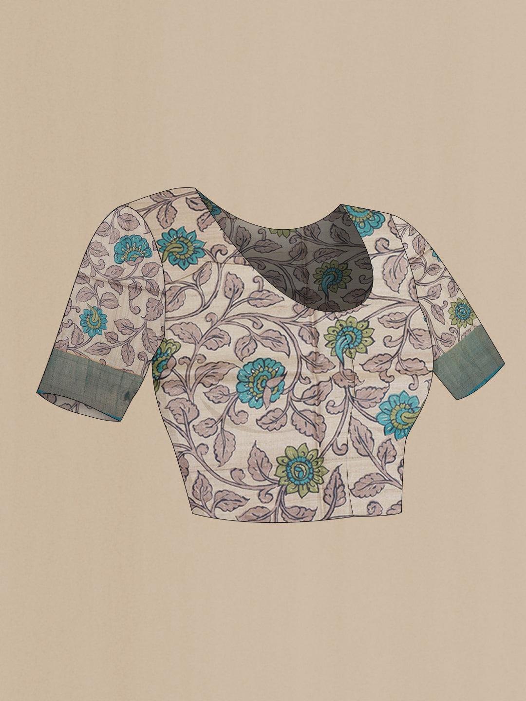 Close up image of the blouse of Peacock Blue Tussar Silk Saree with Checked design on the body and Zari Border. 