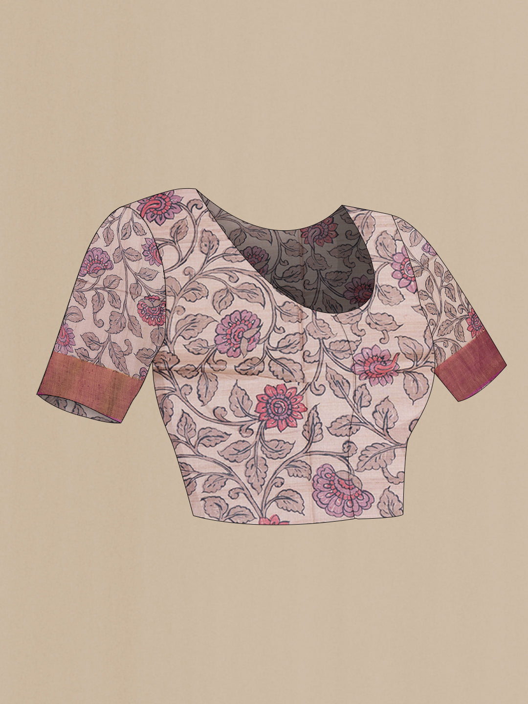 Close up image of the blouse of Pink Tussar Silk Saree with Checked design on the body and Zari Border. 