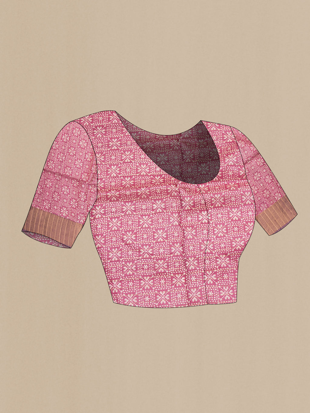 Close up image of the blouse of Brick Orange Tussar Saree with Printed design on the body and Zari Border. 