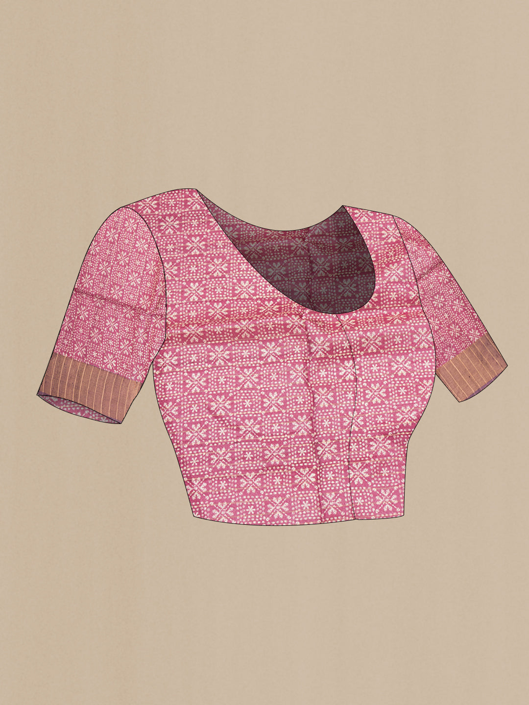 Close up image of the blouse of Brick Orange Tussar Saree with Printed design on the body and Zari Border. 