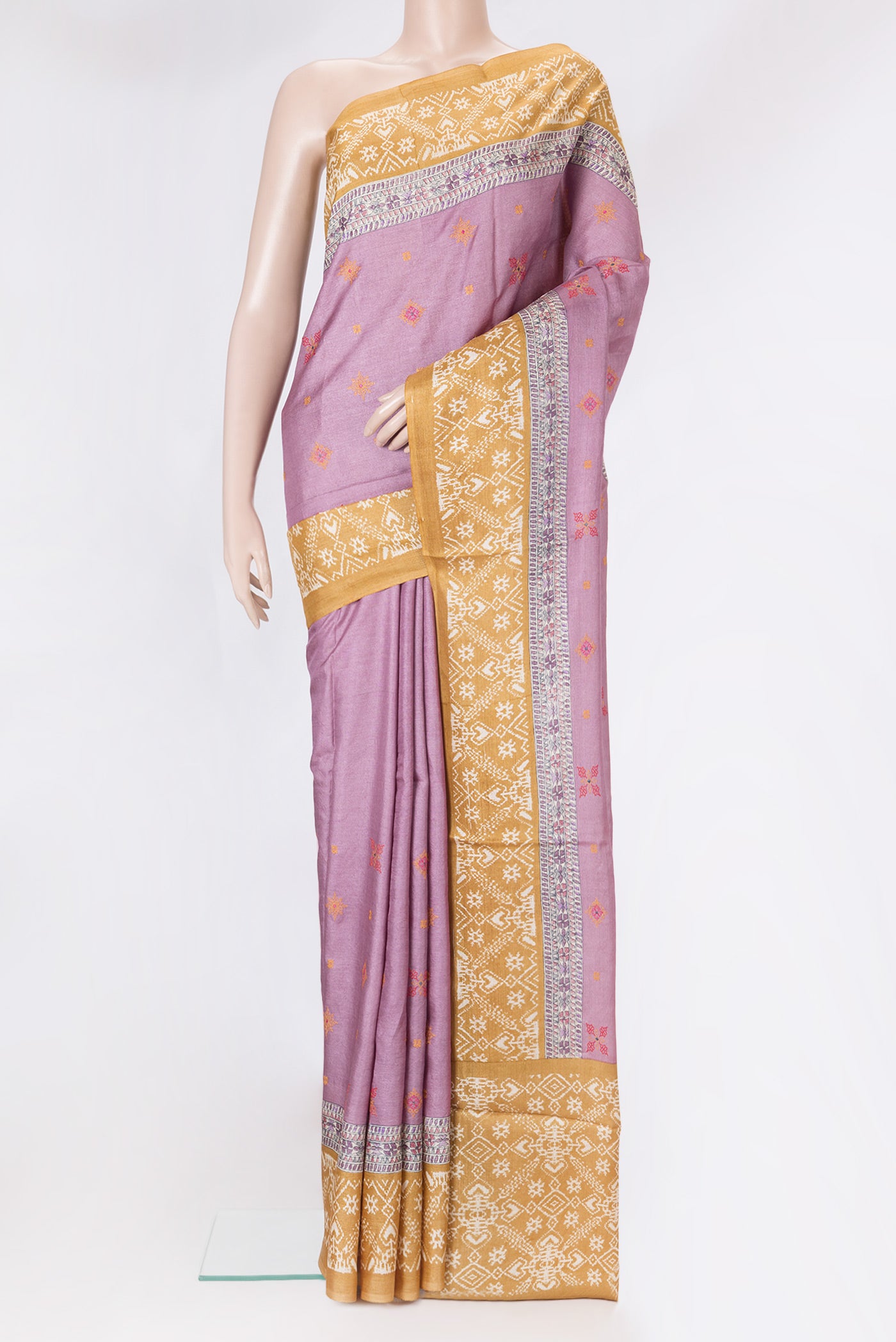 Pink Dual Tone Tussar Silk Saree with Embroidery on the body and Printed Border.  displayed on a mannequin