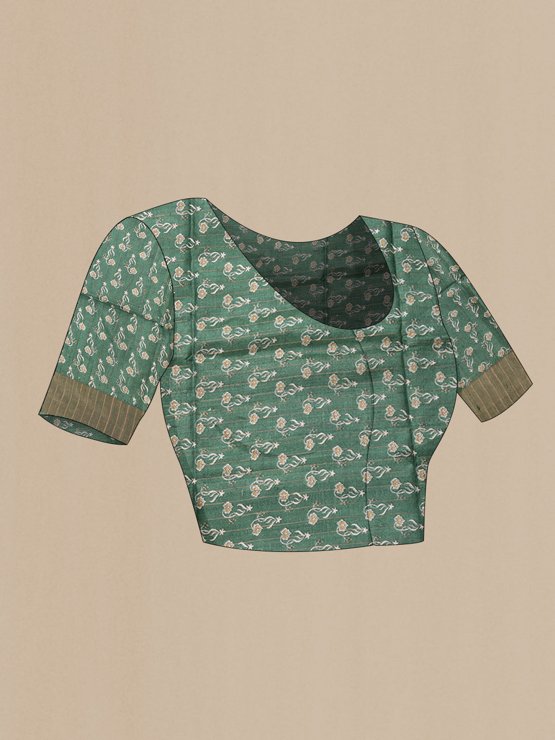 Close up image of the blouse of Green Dual Tone Tussar Silk Saree with Embroidery on the body and Zari Border. 